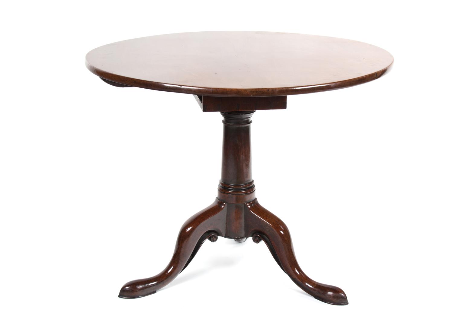 A George III Tripod Bird Cage Round Tilt Top Table Height 35 x diameter 27 1/2 inches. — 18TH CENTURY