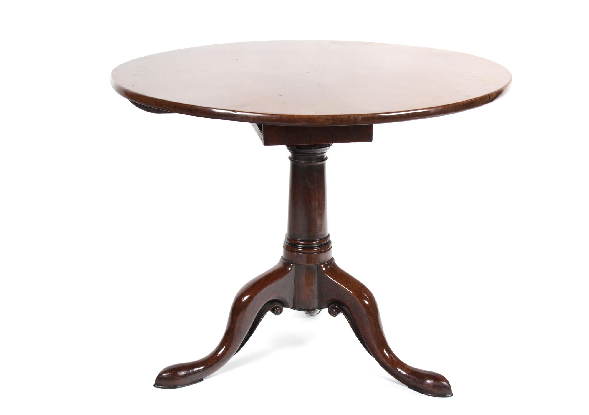 A George III Tripod Bird Cage Round Tilt Top Table Height 35 x diameter 27 1/2 inches. — 18TH CENTURY