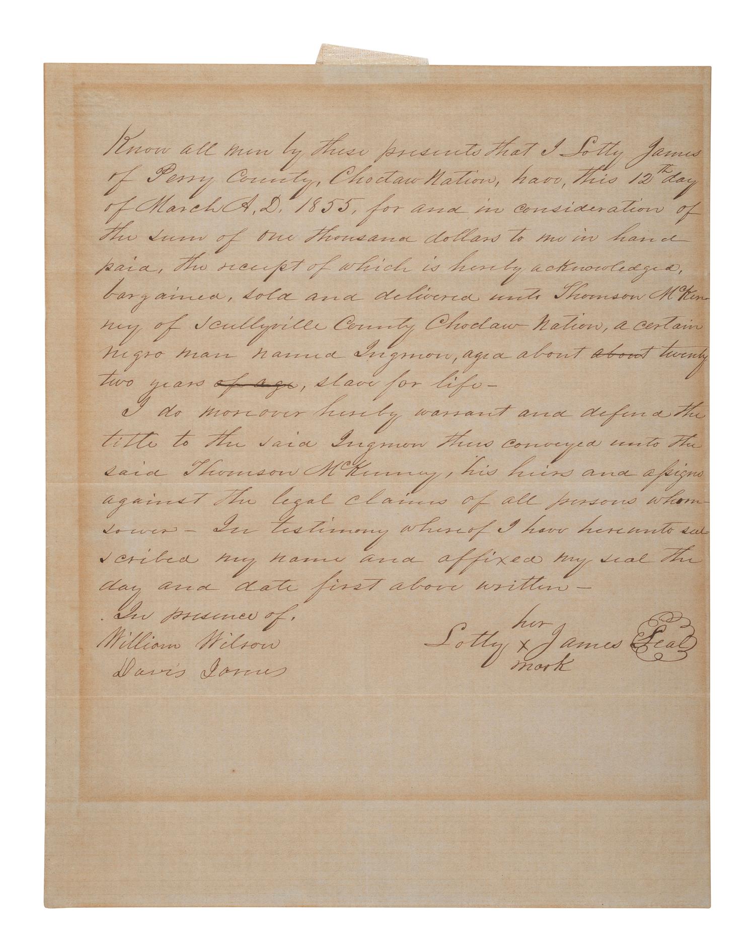 [ENSLAVEMENT]. Scarce Choctaw Nation slave bill of sale for "a certain negro man named Ingmon." Choctaw Nation, [Indian Territory], 12 March 1855.