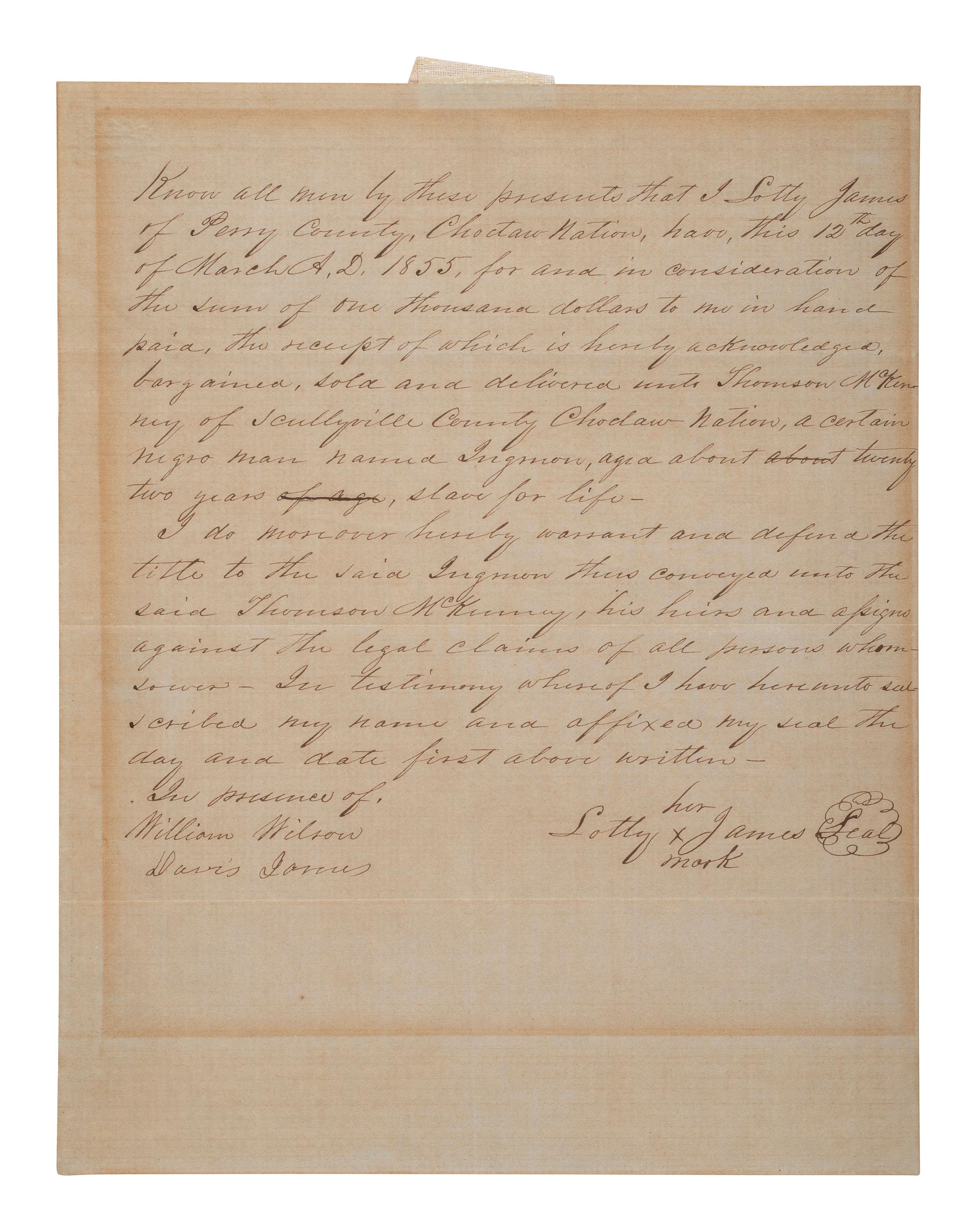 [ENSLAVEMENT]. Scarce Choctaw Nation slave bill of sale for "a certain negro man named Ingmon." Choctaw Nation, [Indian Territory], 12 March 1855.