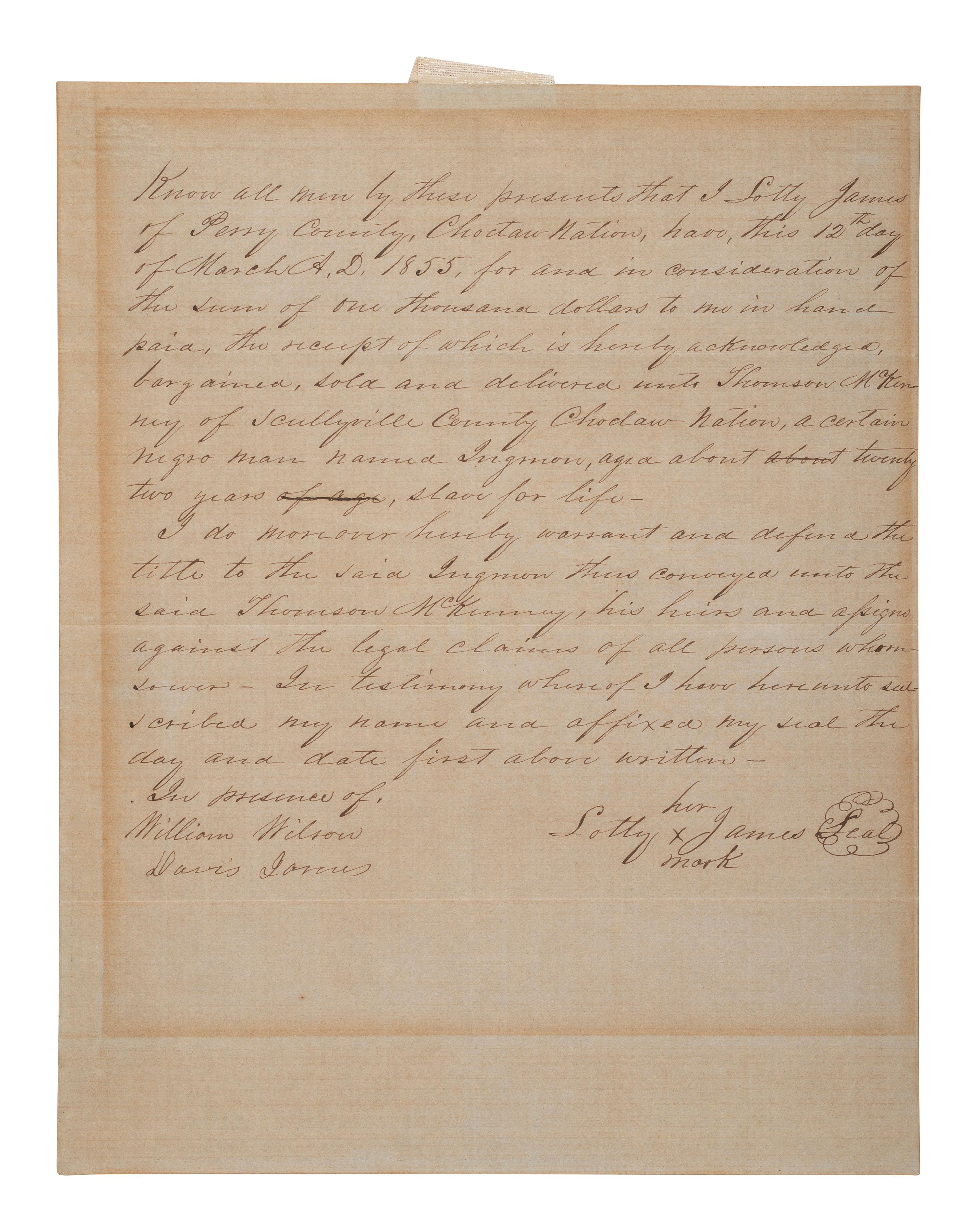 [ENSLAVEMENT]. Scarce Choctaw Nation slave bill of sale for "a certain negro man named Ingmon." Choctaw Nation, [Indian Territory], 12 March 1855.