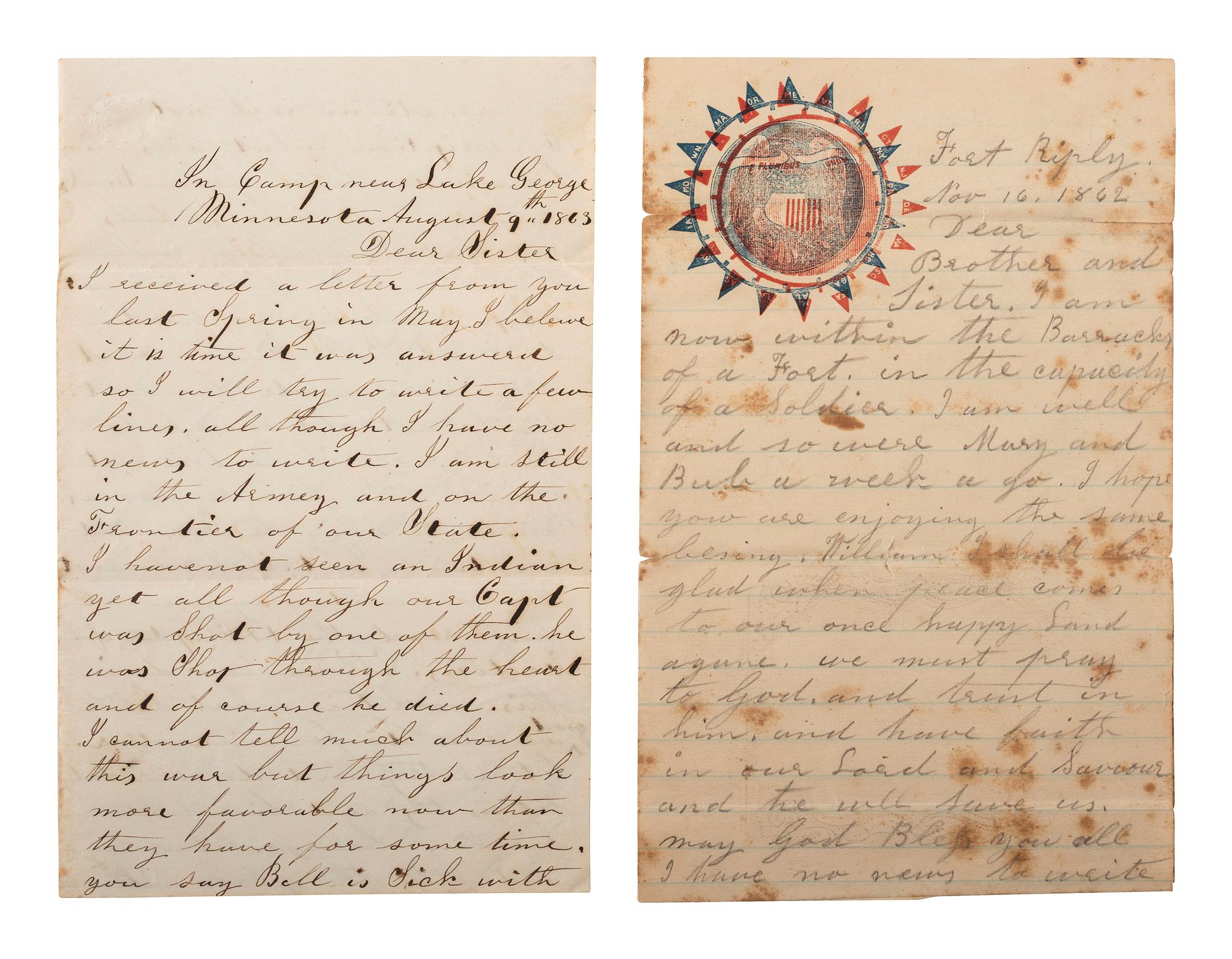 [INDIAN WARS]. CURIAL, Nathan W. (1822-1897). Letter archive of Nathan W. Curial, Co. A, 8th Minnesota Regiment, featuring content related to the Dakota War of 1862.