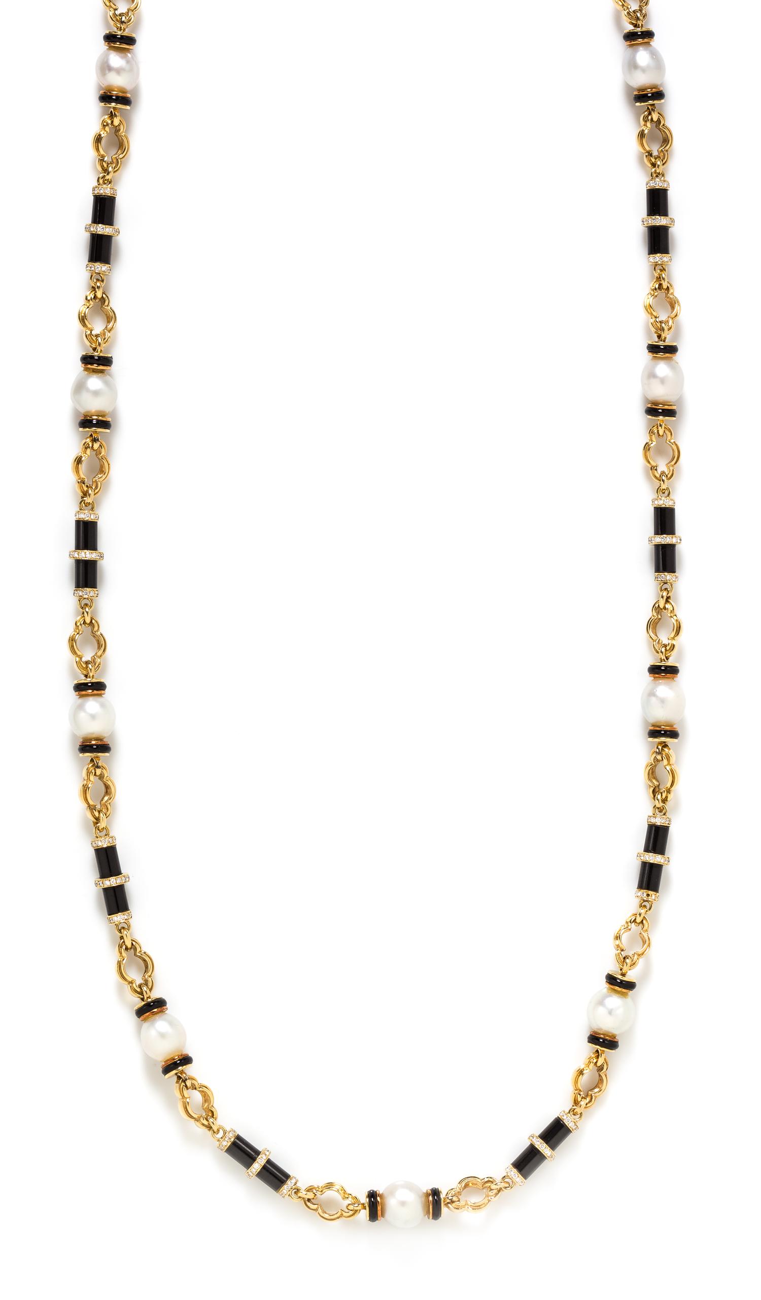 A Yellow Gold, Cultured South Sea Pearl, Diamond and Onyx Longchain Necklace, 131.00 dwts.