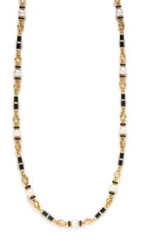 A Yellow Gold, Cultured South Sea Pearl, Diamond and Onyx Longchain Necklace, 131.00 dwts.