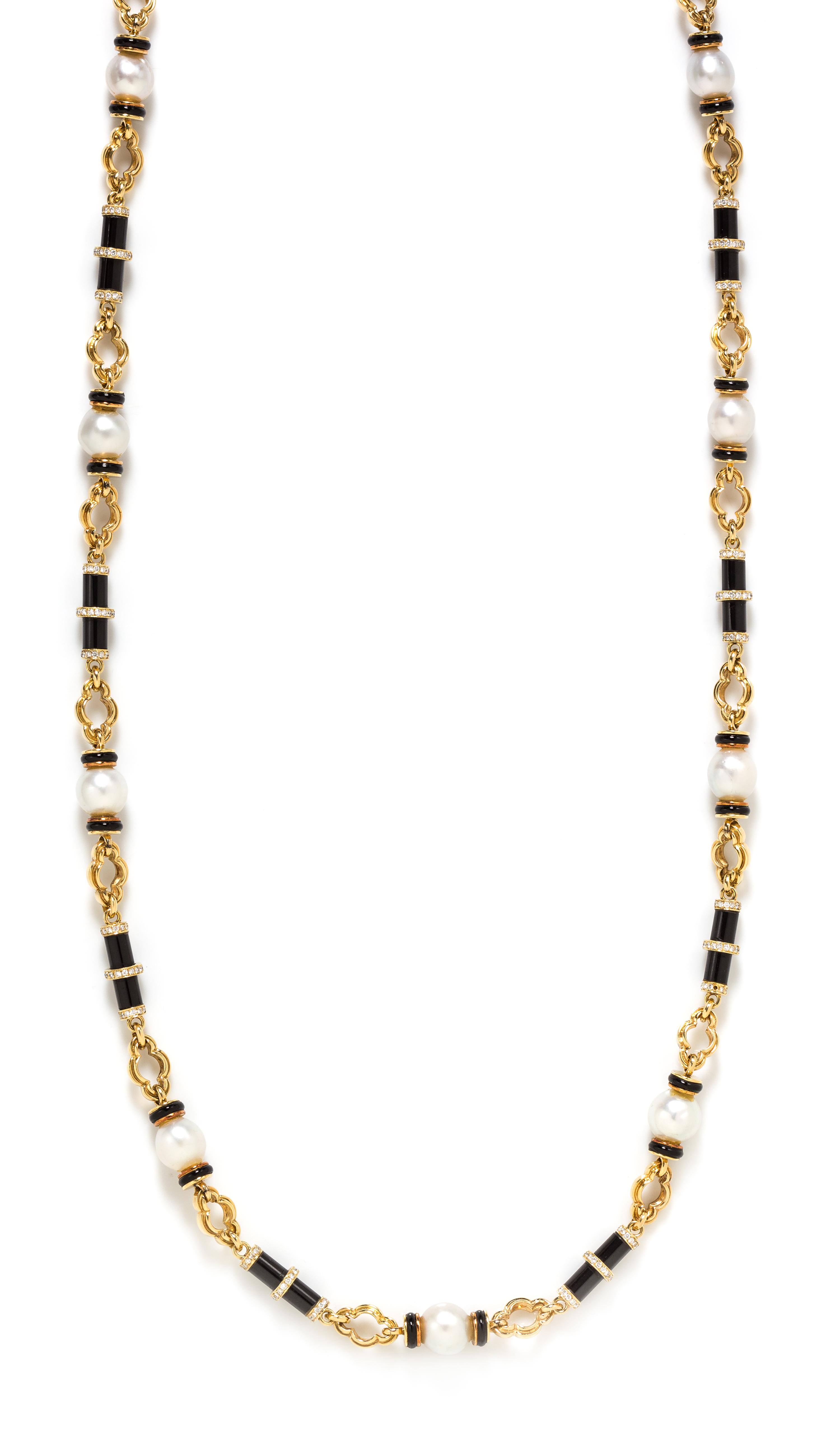 A Yellow Gold, Cultured South Sea Pearl, Diamond and Onyx Longchain Necklace, 131.00 dwts.