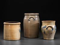 Three Cobalt Decorated Stoneware Vessels