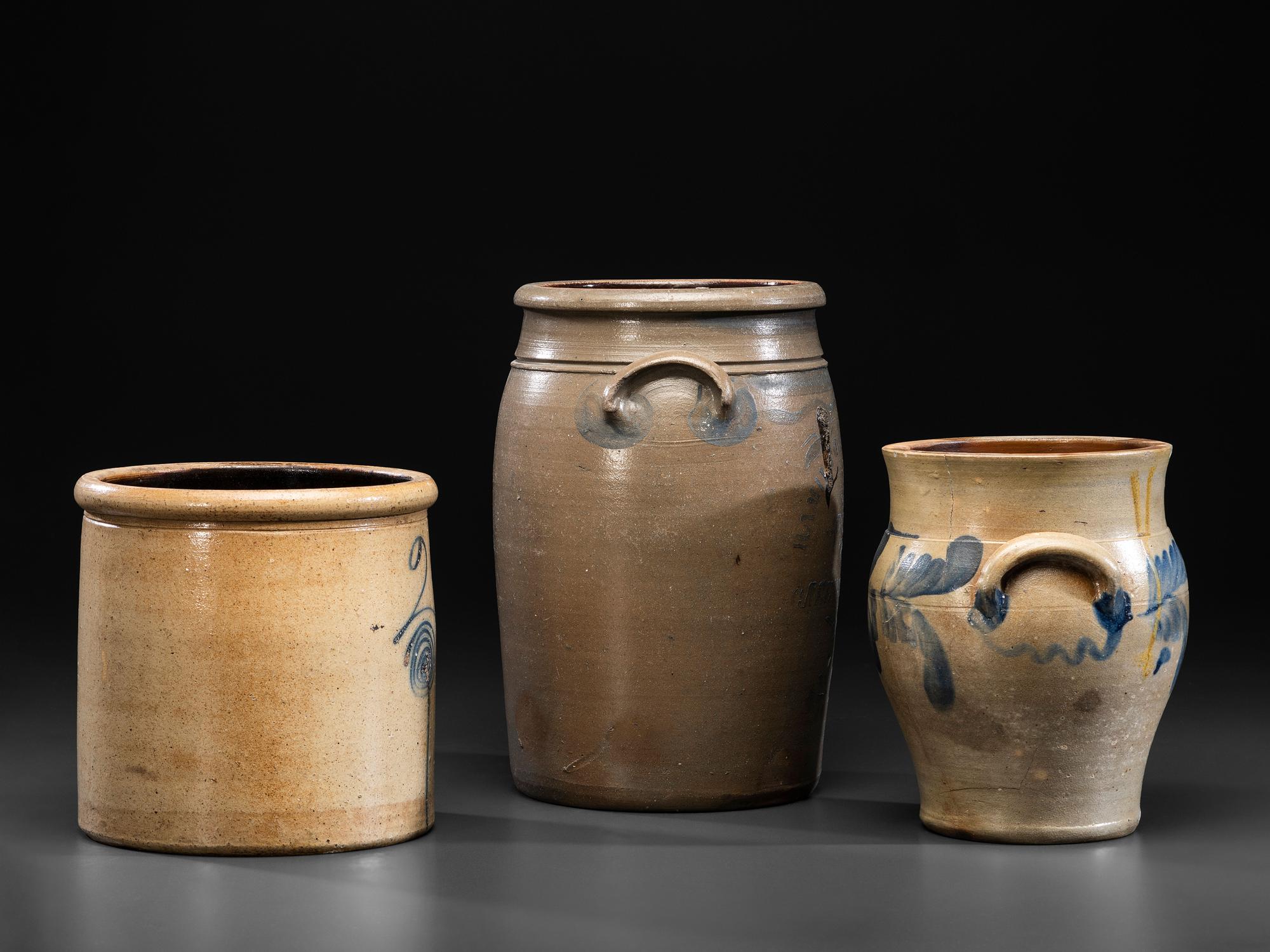 Three Cobalt Decorated Stoneware Vessels