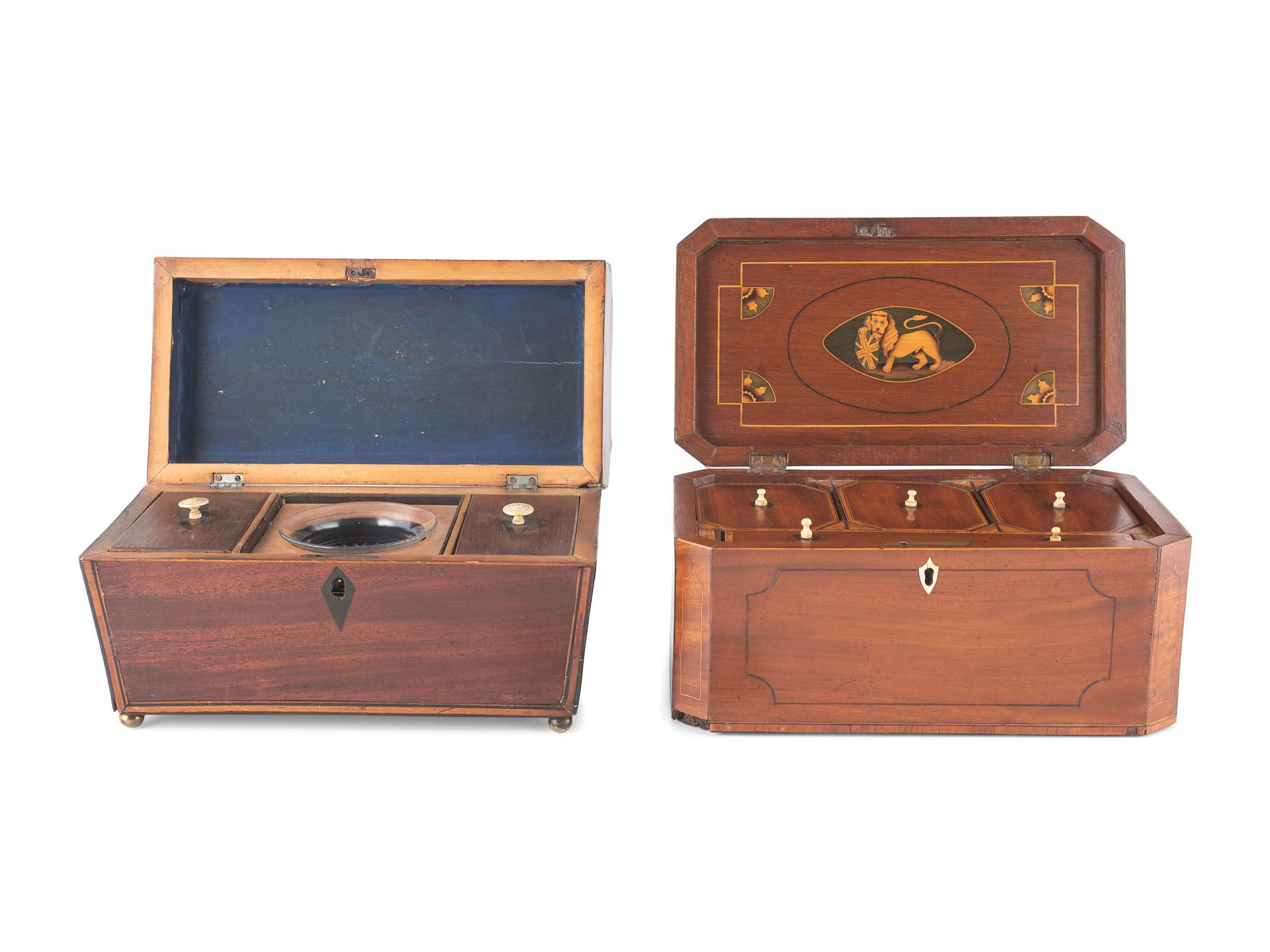 Four English Mahogany Inlaid Tea Caddies