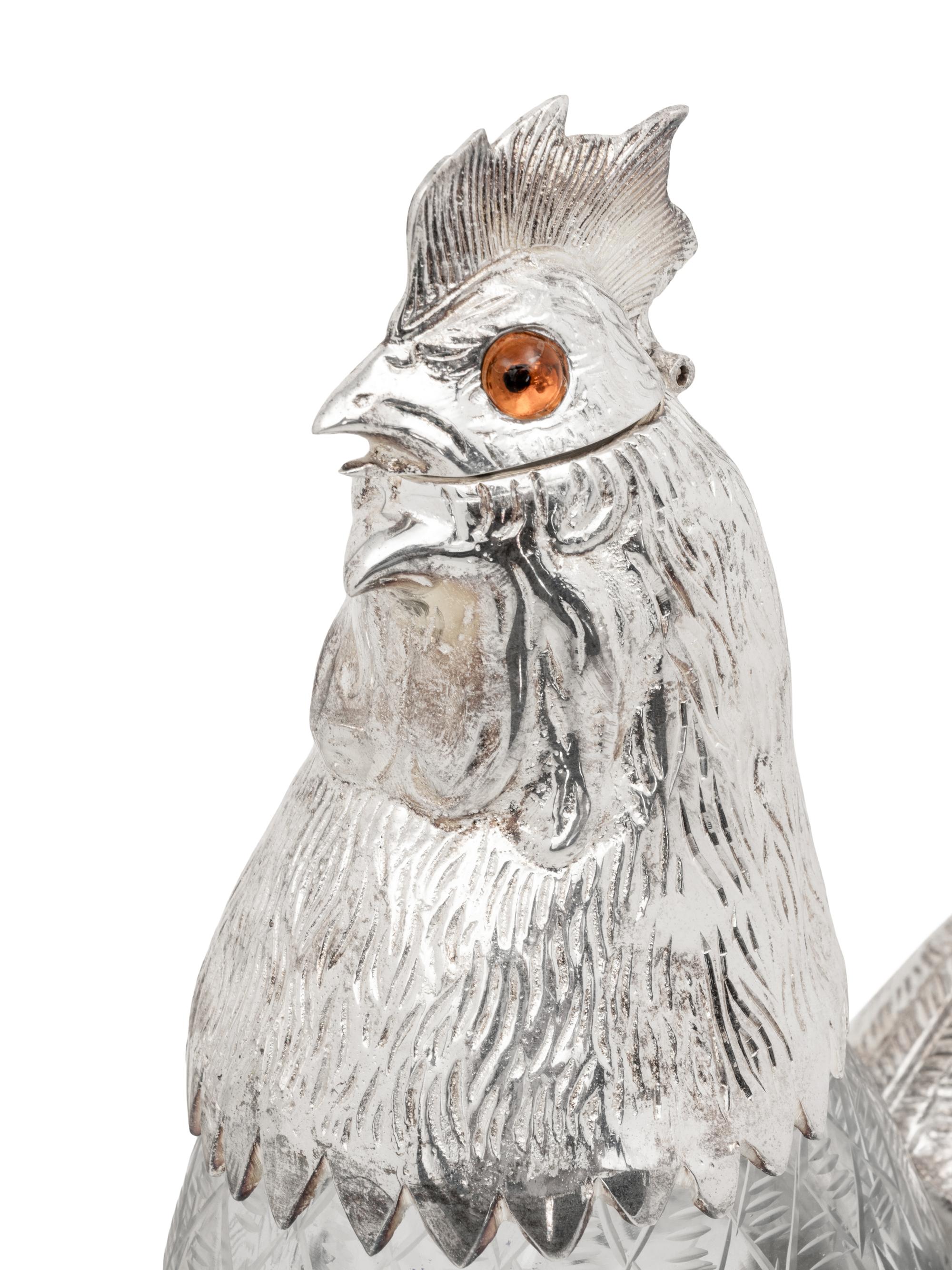 A Pair of Silver-Plate and Glass Cockerel Decanters