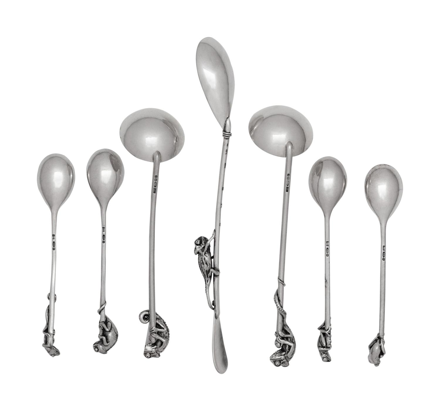 A Group of English Silver Spoons with Chameleon and Frog Handles