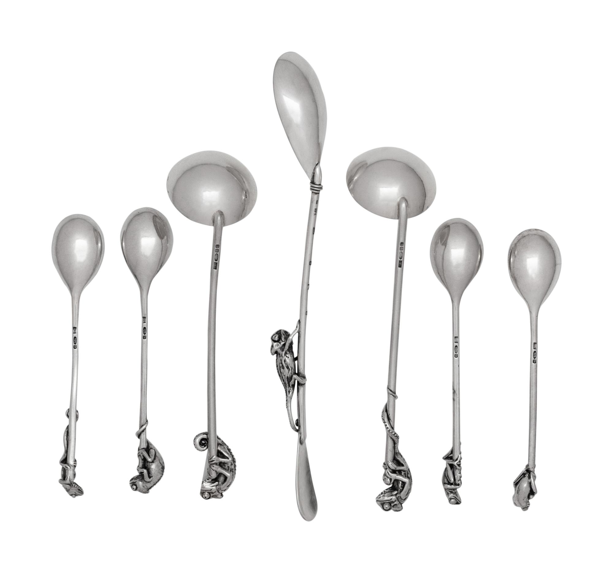 A Group of English Silver Spoons with Chameleon and Frog Handles
