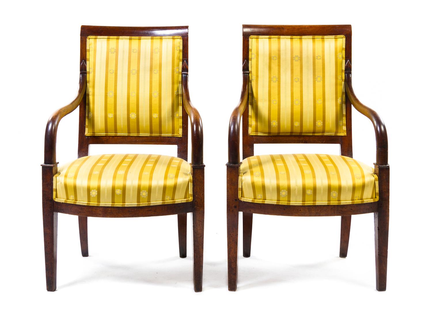 A Pair of Empire Style Walnut Bergeres, Height 35 3/4 inches.