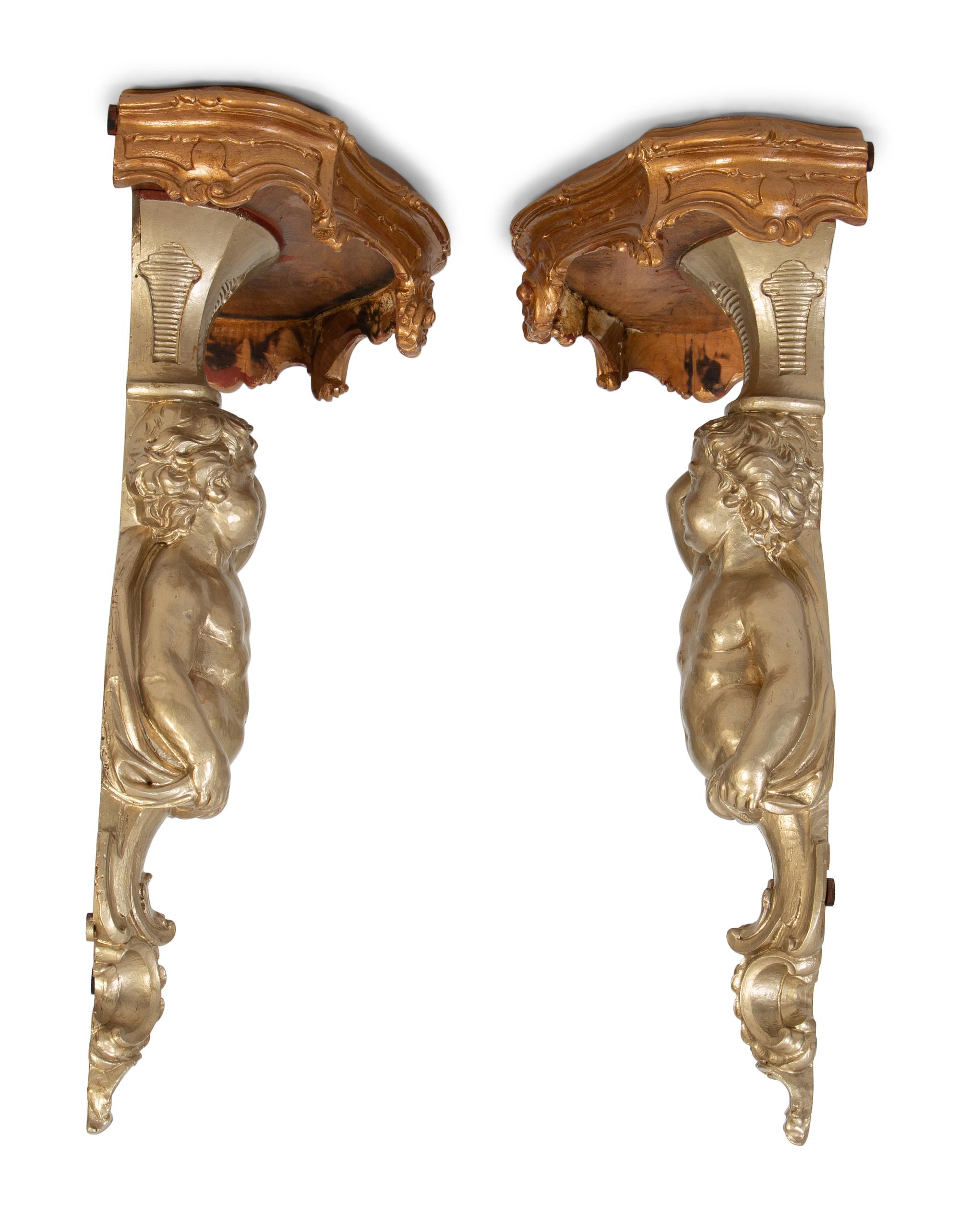 A Pair of Gilt and Silvered Wood Figural Wall Mount Console Brackets — 20TH CENTURY