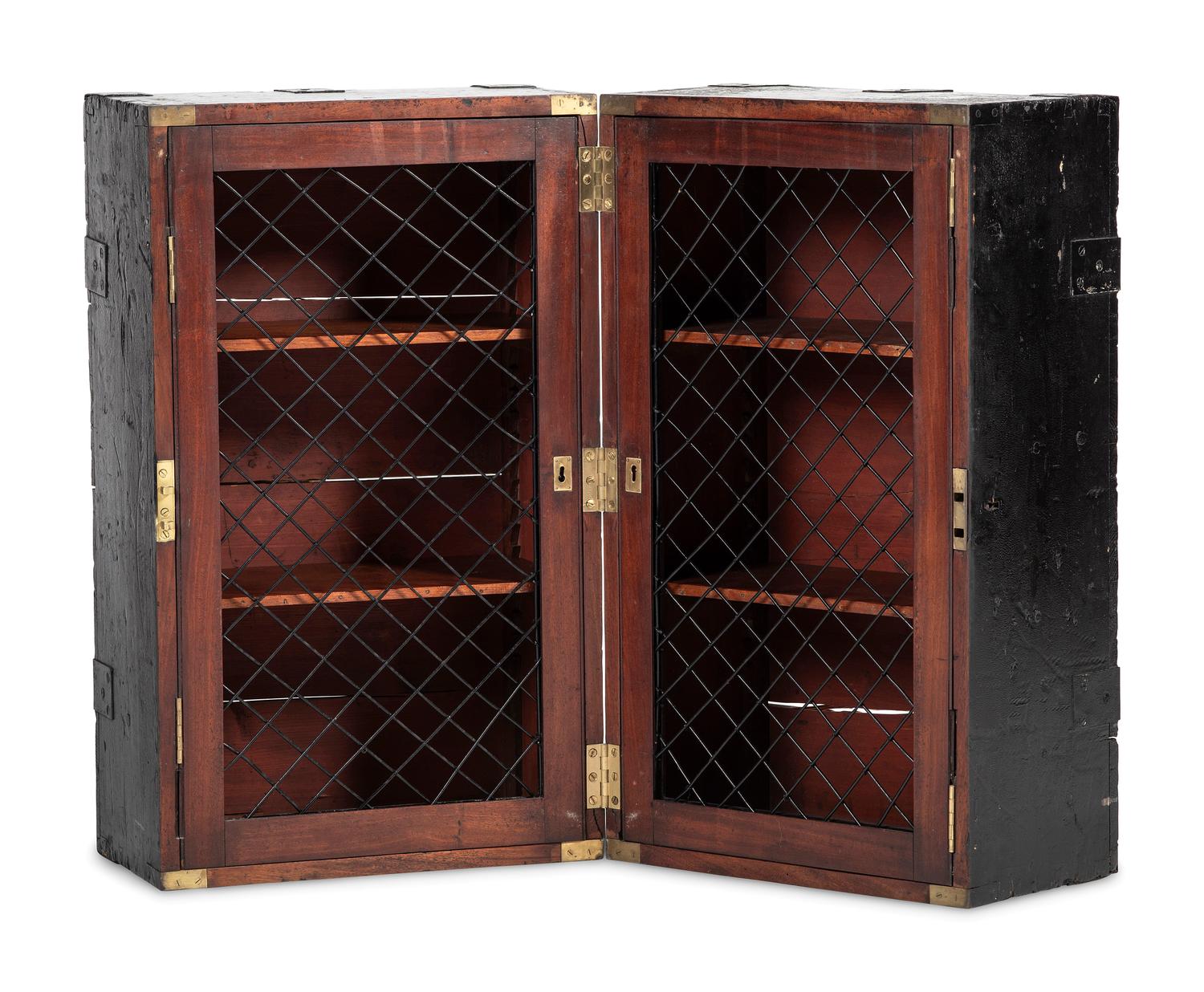 An English Black Brass and Iron Mounted, Painted Pine and Figured Mahogany Storage Chest