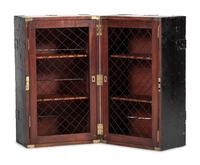 An English Black Brass and Iron Mounted, Painted Pine and Figured Mahogany Storage Chest