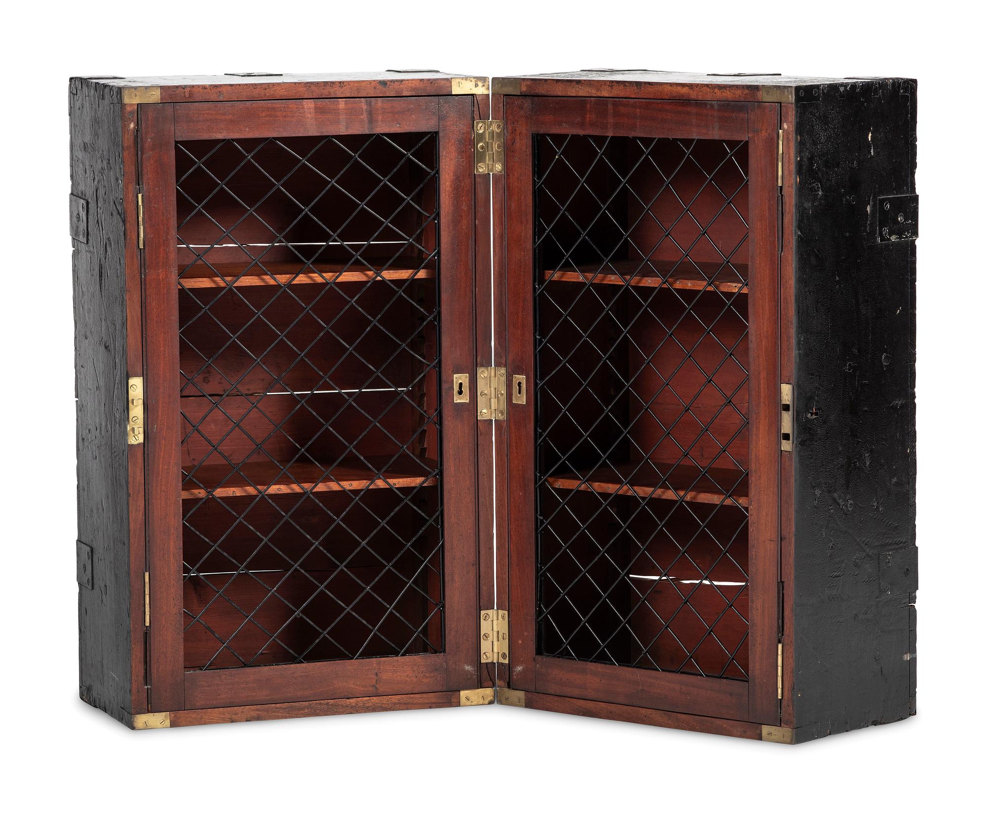 An English Black Brass and Iron Mounted, Painted Pine and Figured Mahogany Storage Chest