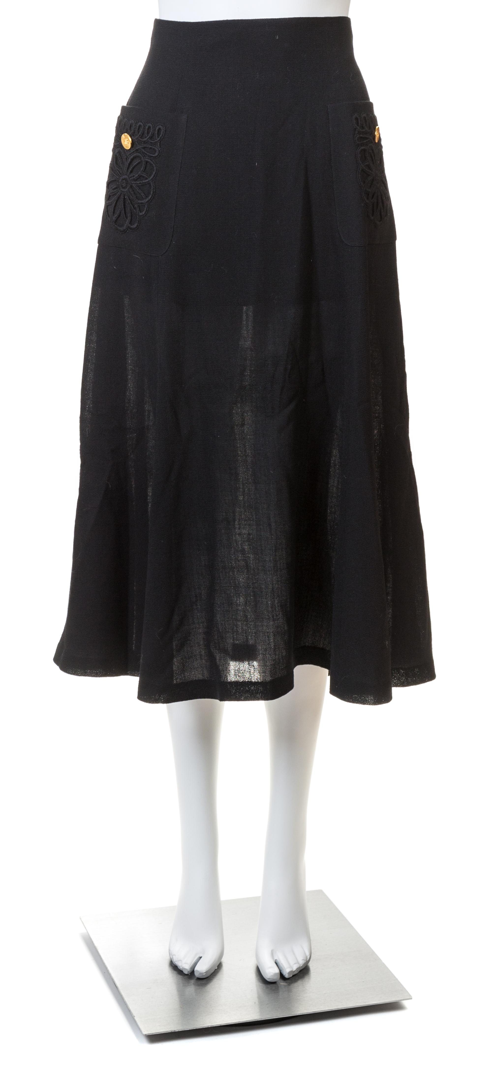 A Chanel Black Wool A-line Skirt, No size.