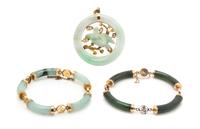 A Collection of 14 Karat Yellow Gold and Jade Jewelry, 48.30 dwts