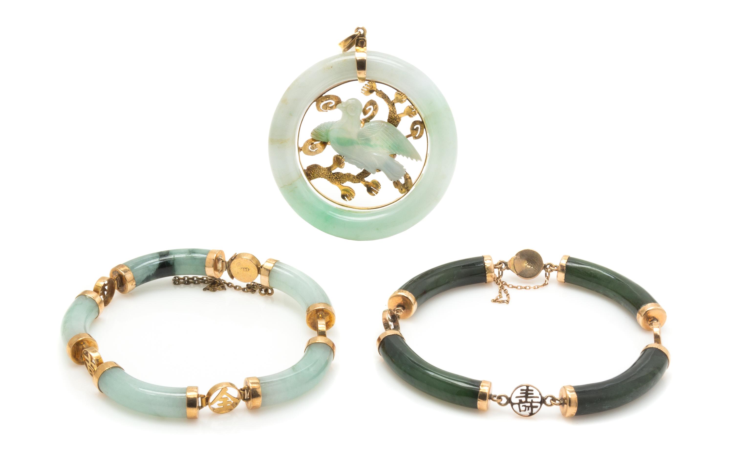 A Collection of 14 Karat Yellow Gold and Jade Jewelry, 48.30 dwts