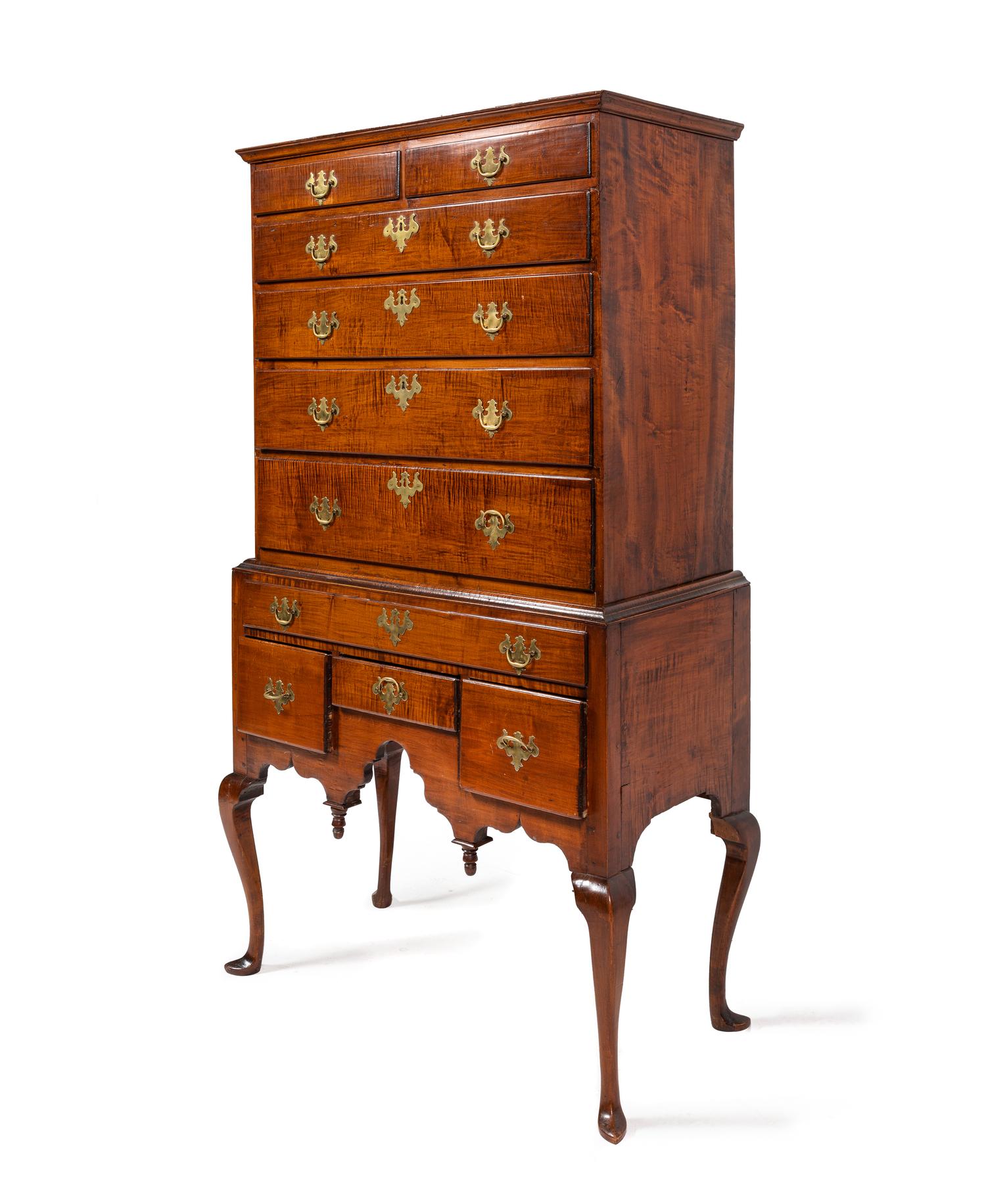 A Queen Anne Tiger Maple Highboy