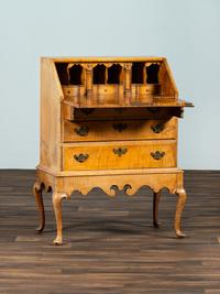 A Diminutive Queen Anne Style Tiger Maple Desk on Stand