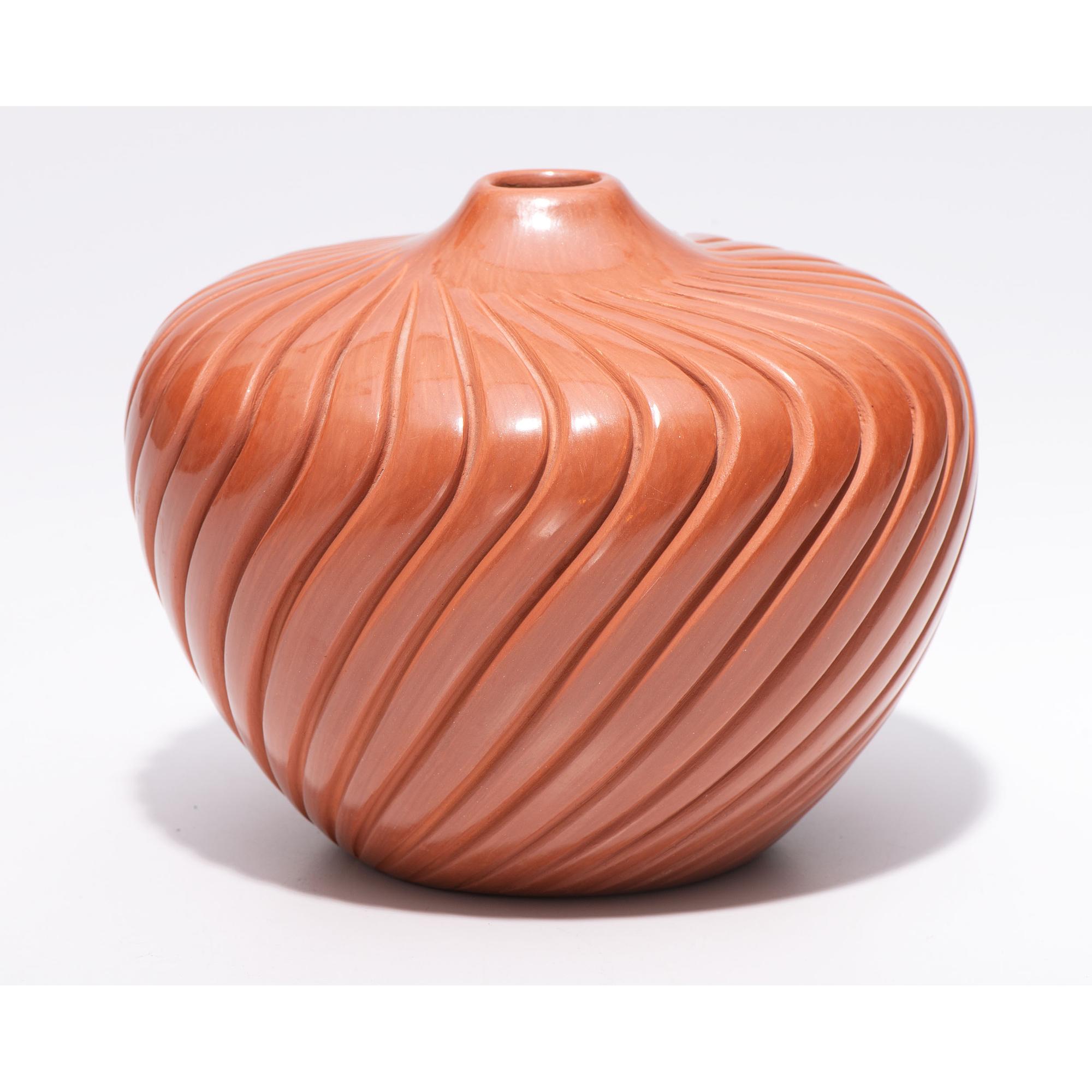 Deeply Carved Redware Pottery Jar
