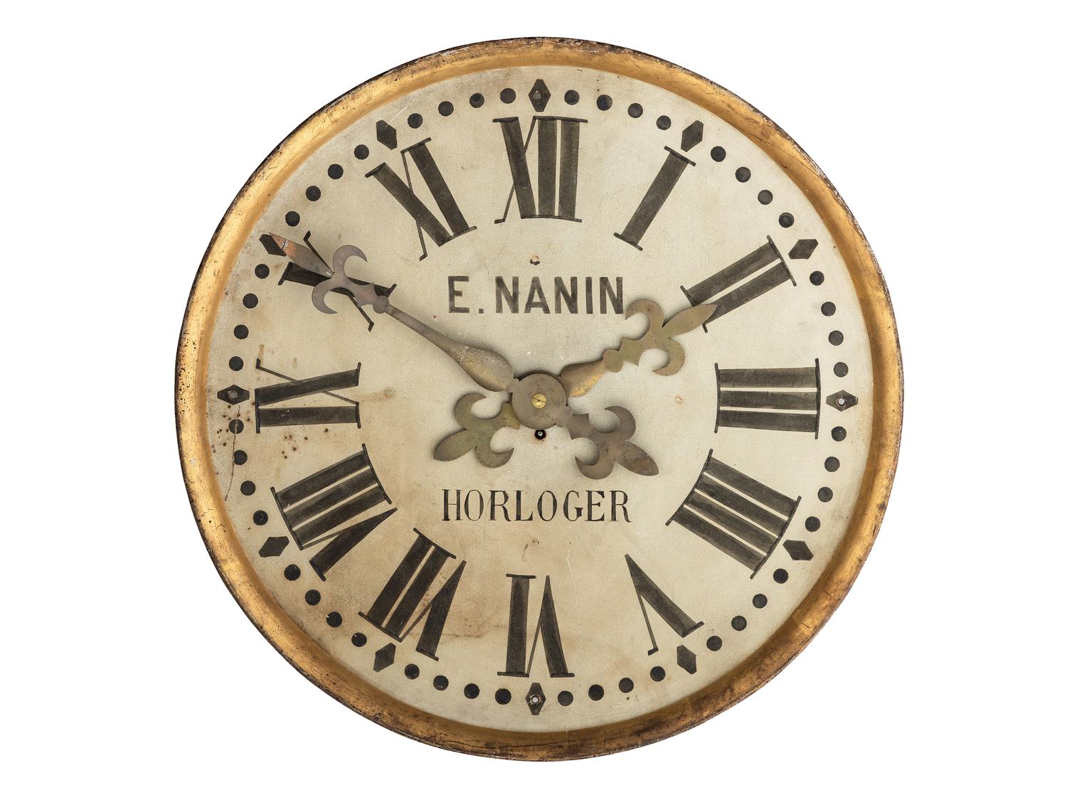 A French Painted and Parcel Gilt Tin Shop Wall Clock