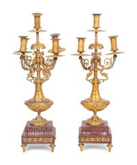 A Pair of Continental Gilt Bronze and Rouge Marble Five- Light Candelabra
