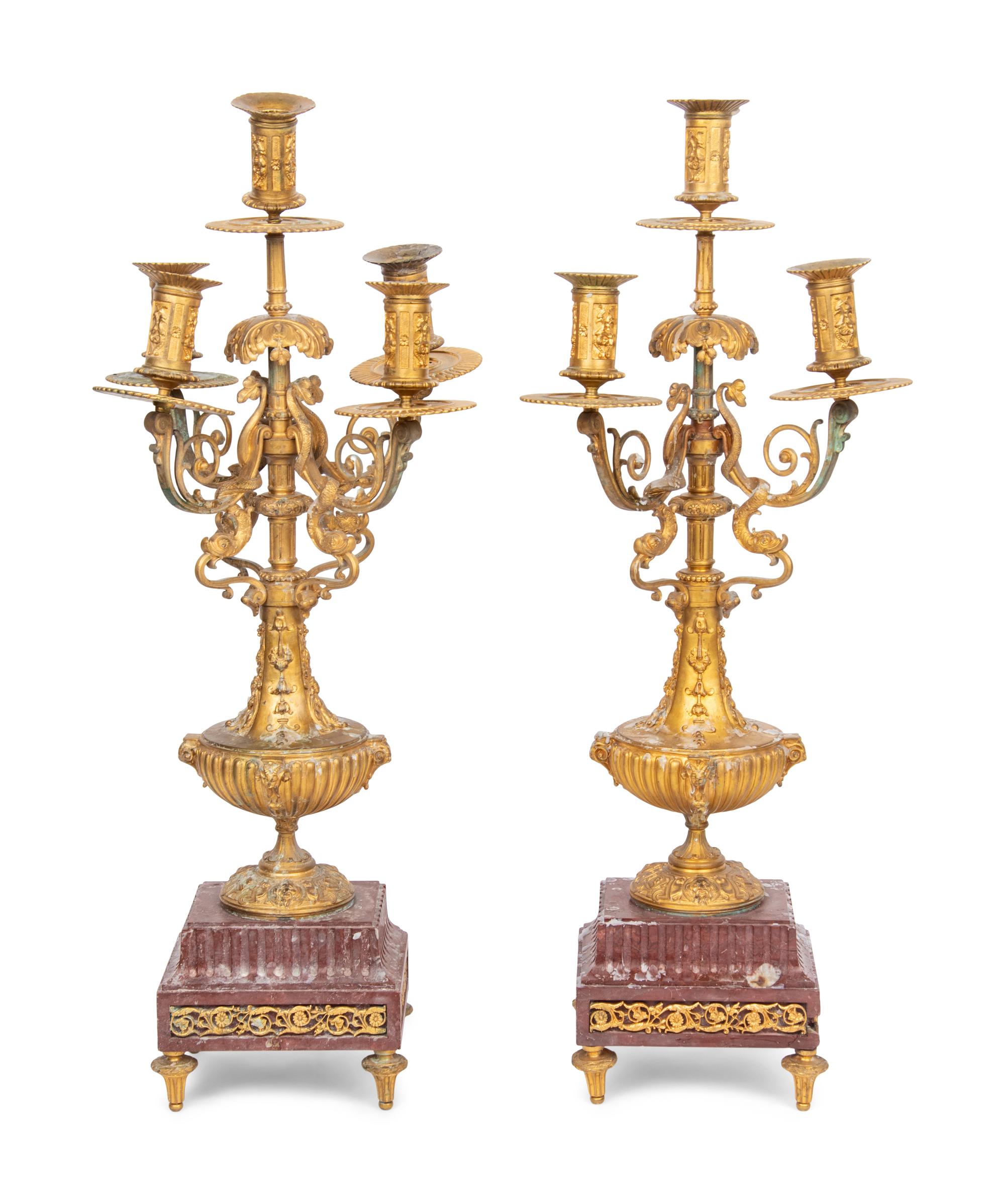 A Pair of Continental Gilt Bronze and Rouge Marble Five- Light Candelabra