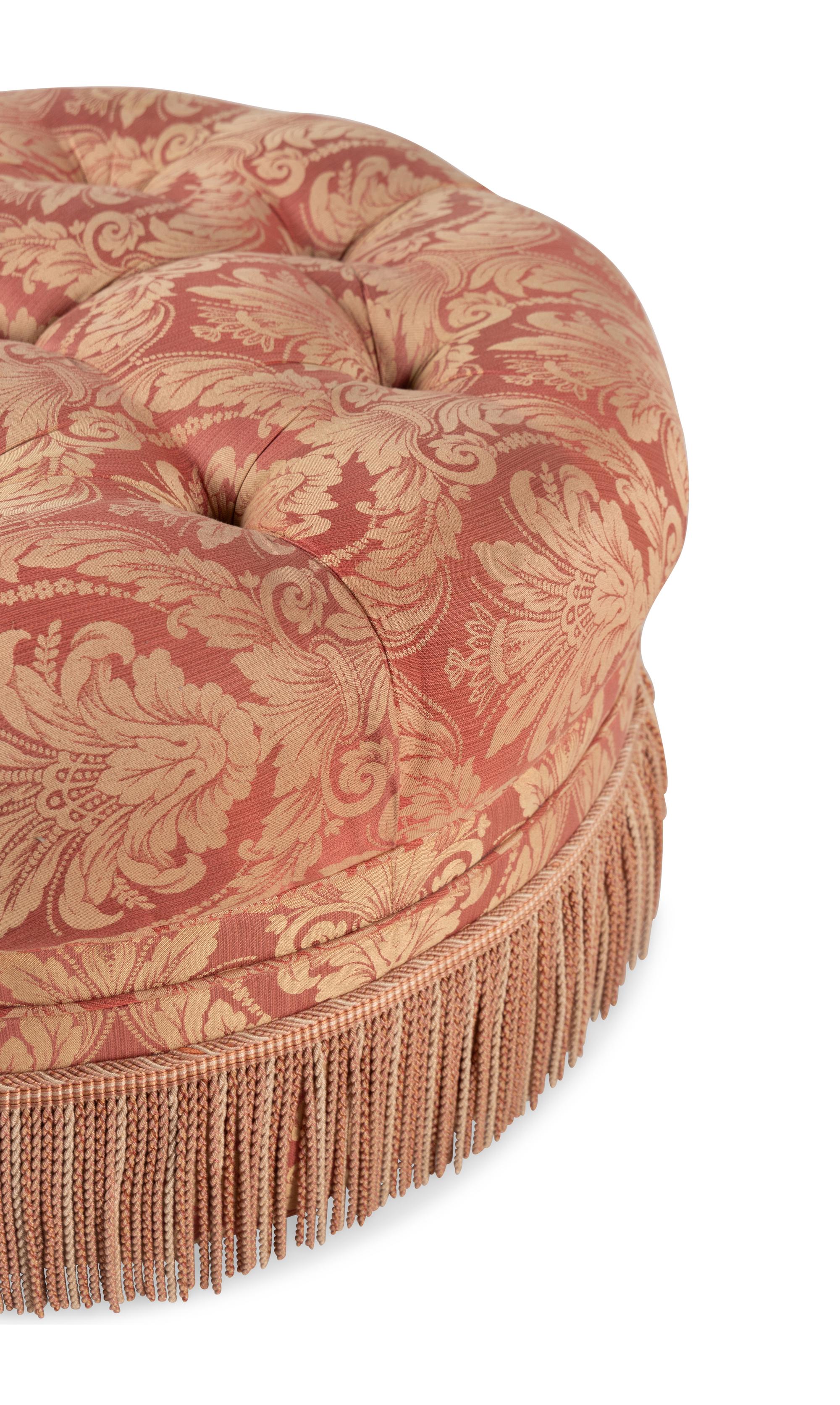 A Contemporary Damask Upholstered Button Tufted Ottoman