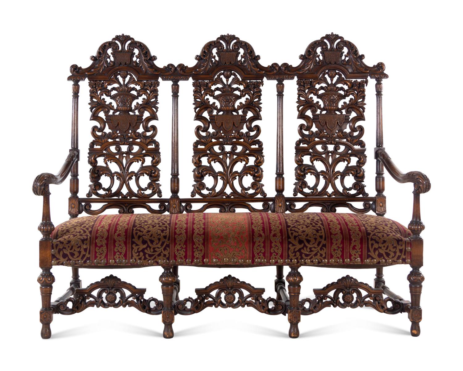 A William and Mary Style Carved Walnut Bench