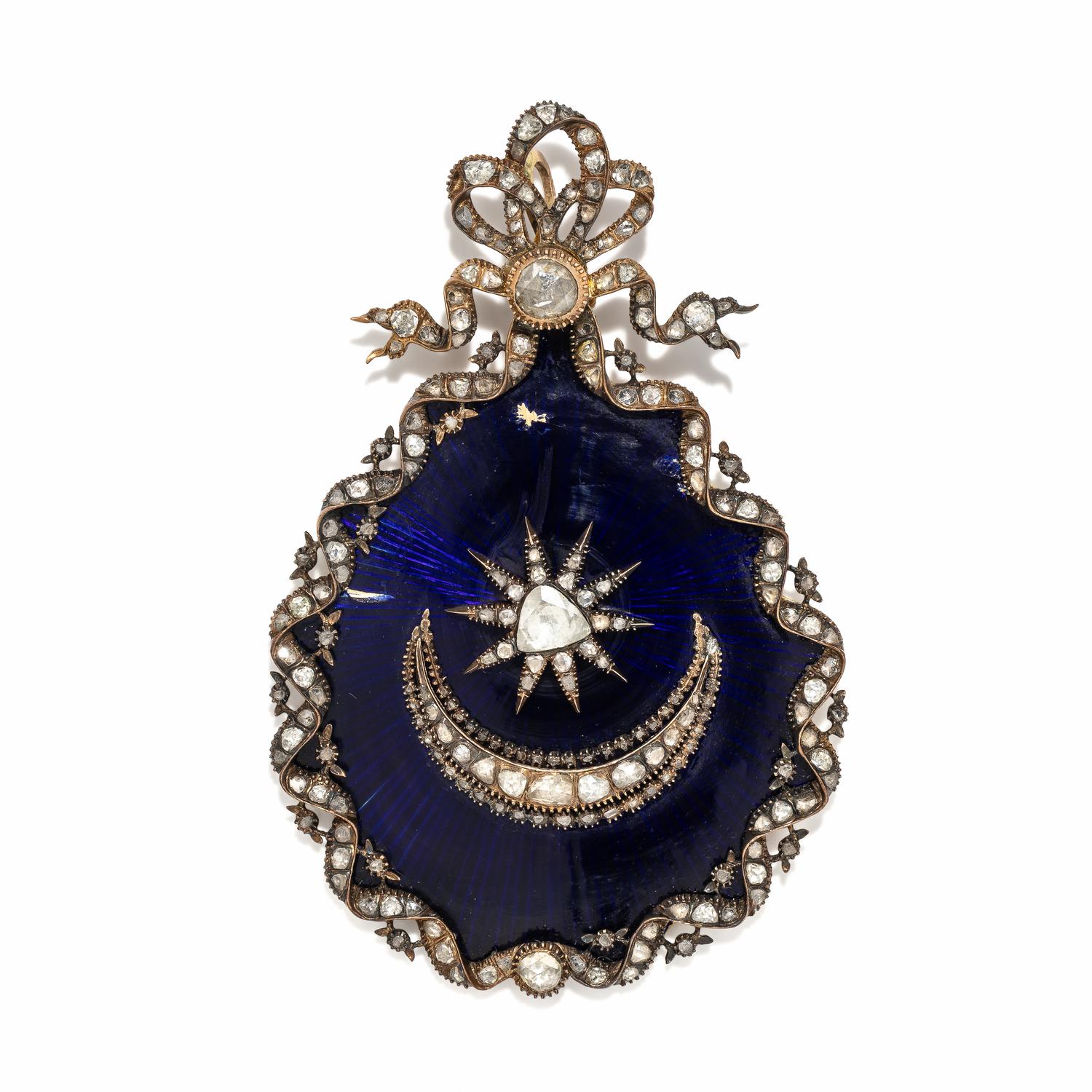 DIAMOND AND ENAMEL SUN AND MOON BROOCH