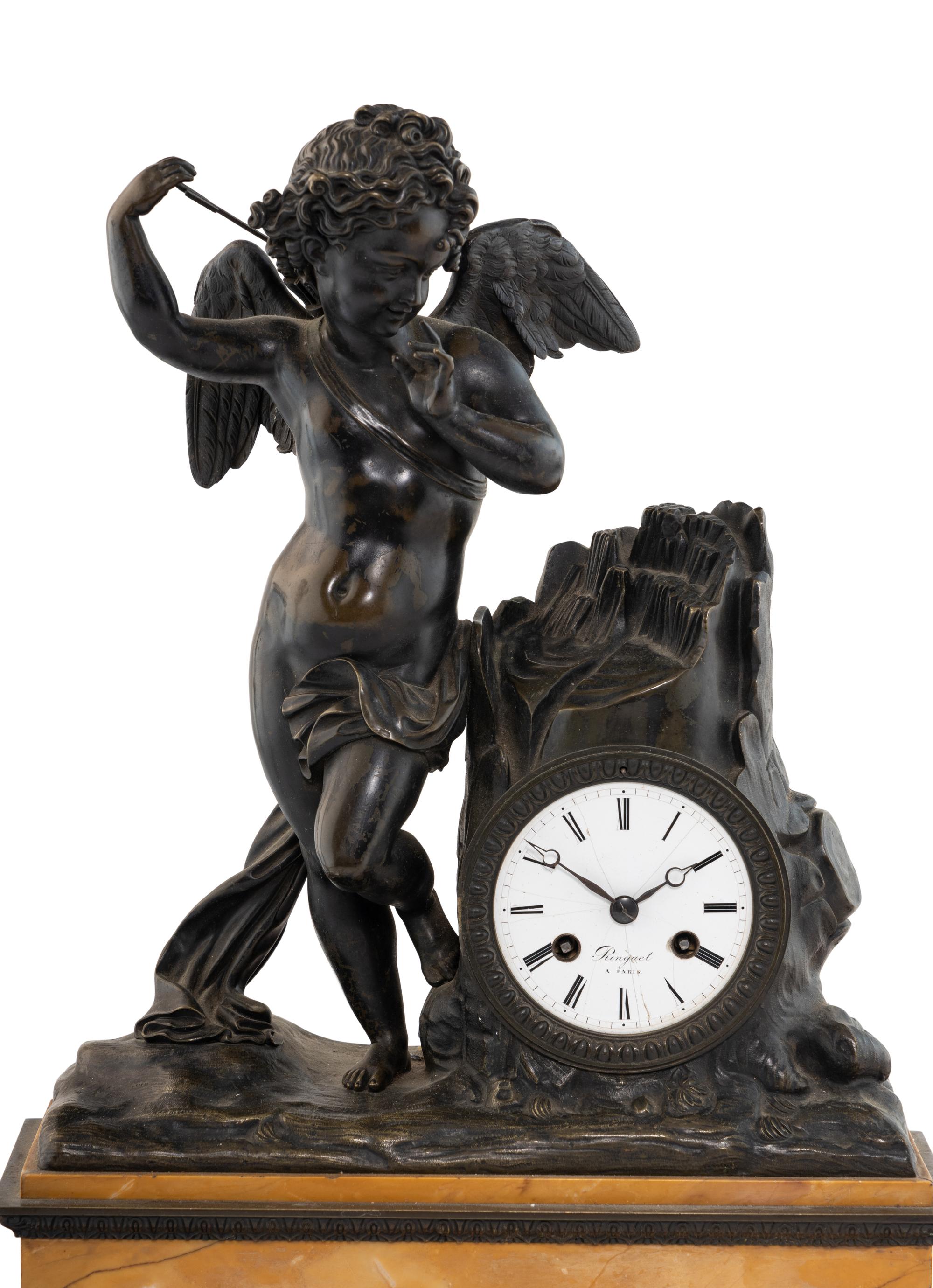 An Assembled French Marble and Bronze Five-Piece Clock Garniture