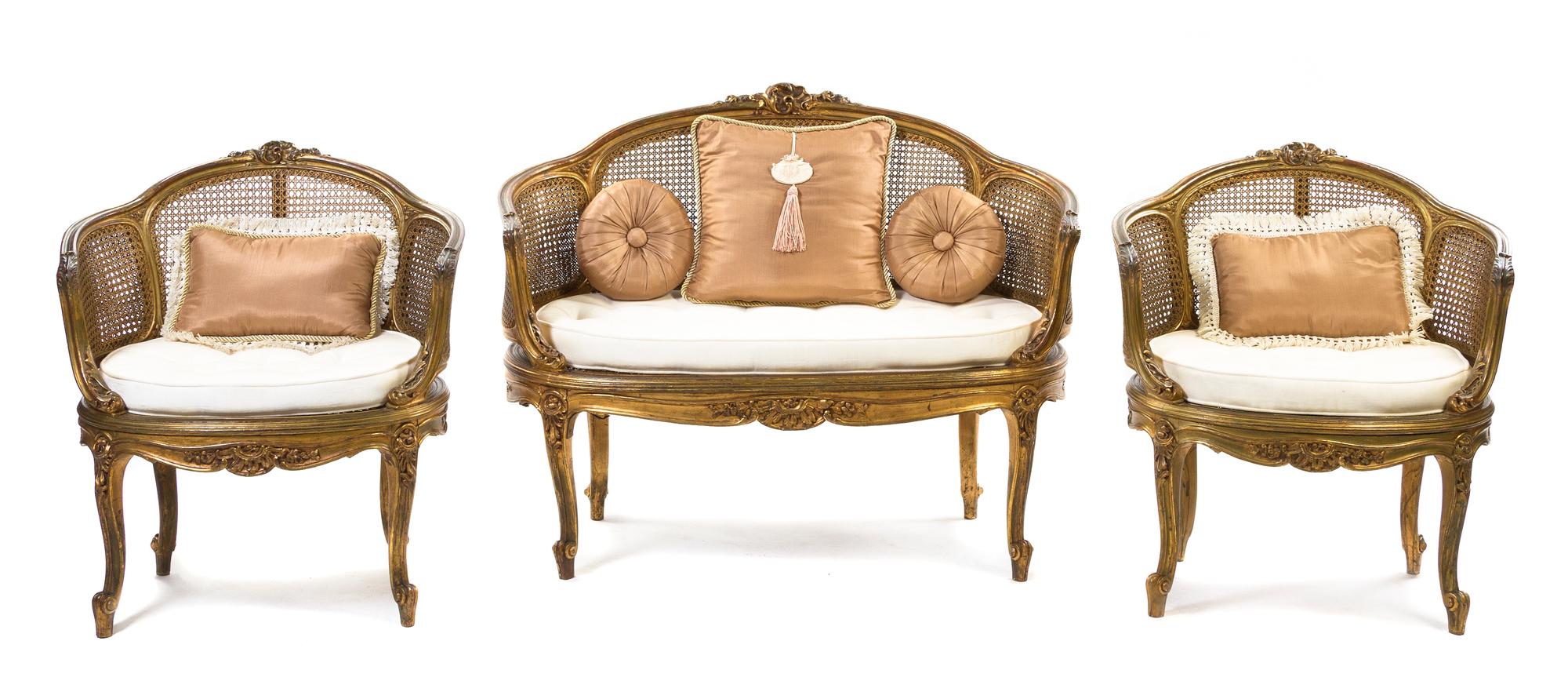 A Louis XV Style Giltwood Parlor Suite, Height of first 35 3/4 inches.