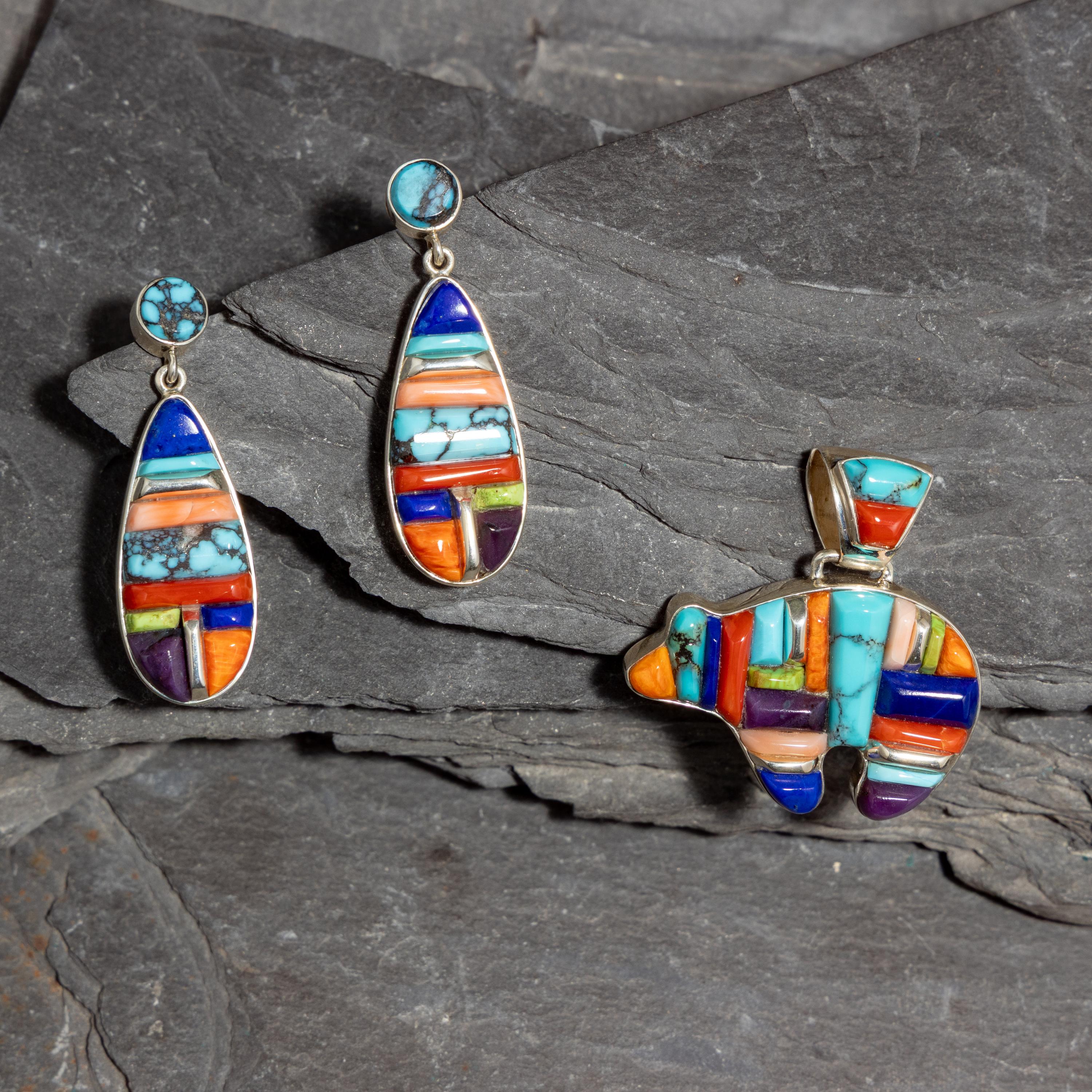Sherry Barney and Cathy Webster Bennett (Diné, 20th century) — Sterling Silver and Multi-stone Inlay Bear Pendant, PLUS