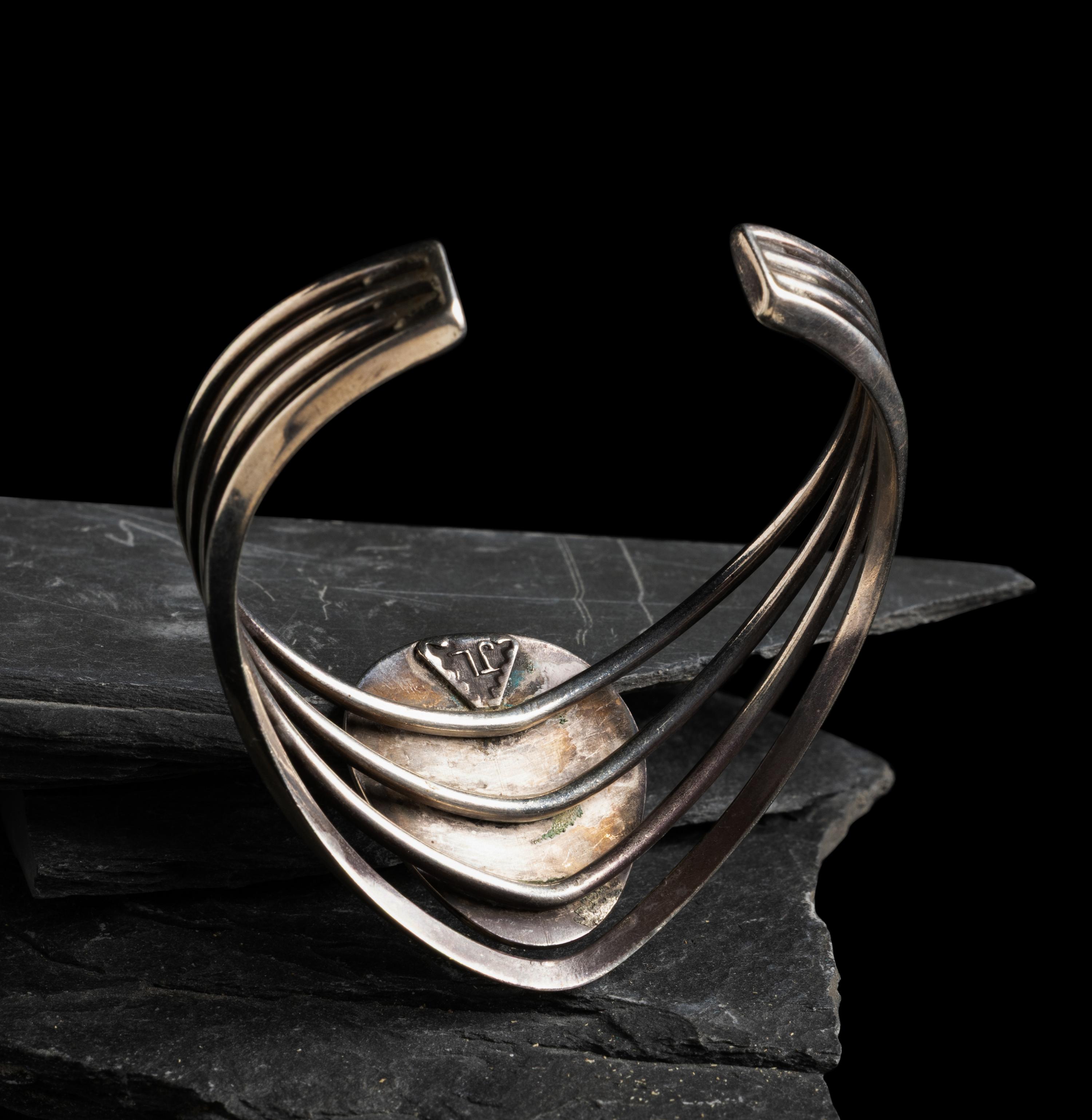 James Little (Diné, b. 1947) — Sterling Silver and Turquoise Chevron Cuff Bracelet