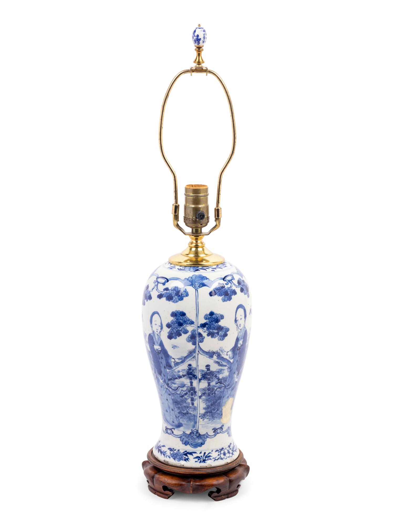 A Chinese Blue and White Porcelain Baluster Vase Mounted as a Lamp