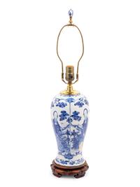 A Chinese Blue and White Porcelain Baluster Vase Mounted as a Lamp