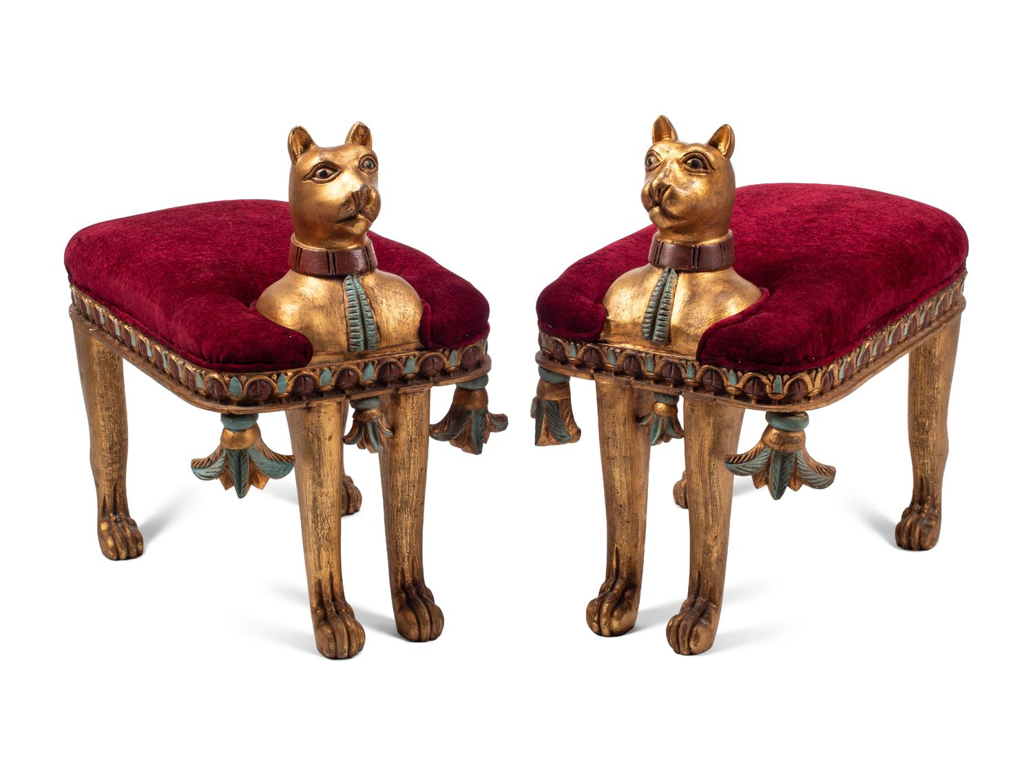 A Pair of Egyptian Style Giltwood Cat-Form Stools