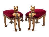 A Pair of Egyptian Style Giltwood Cat-Form Stools