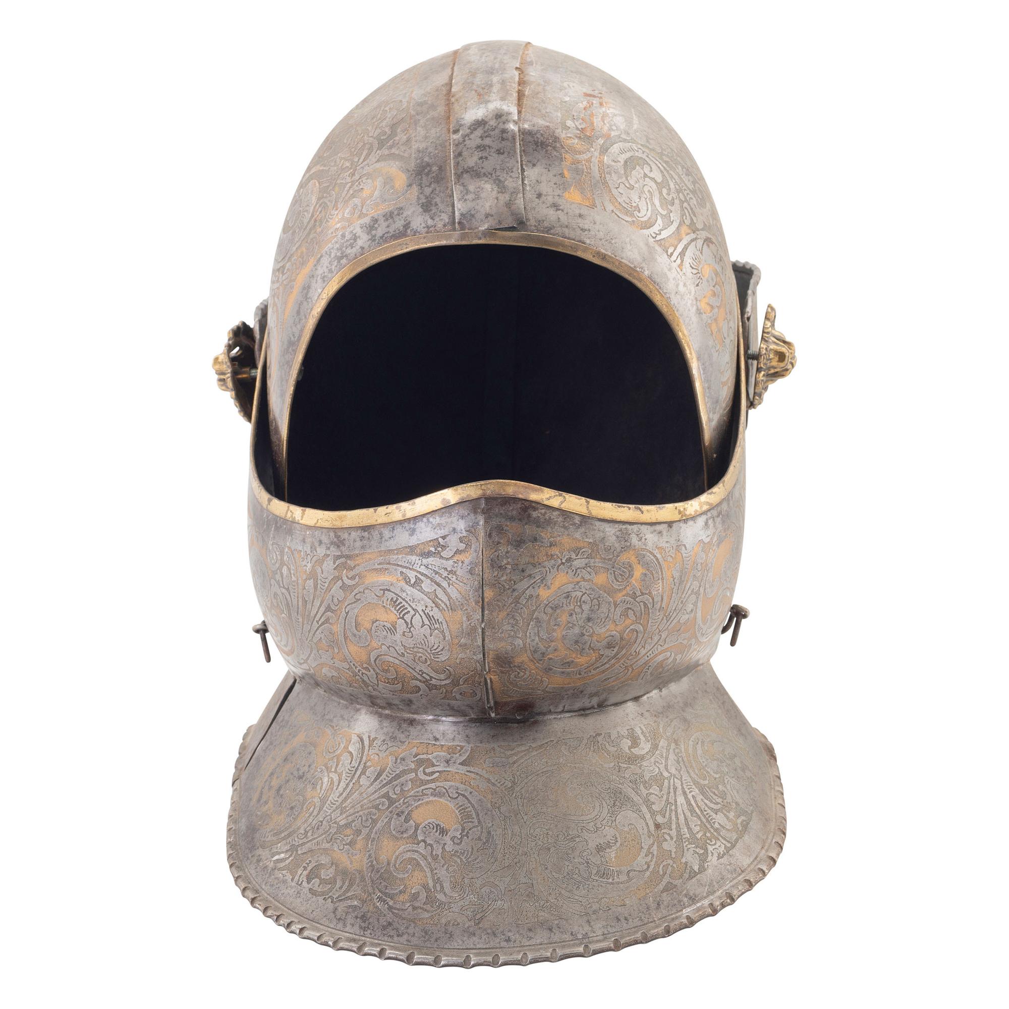 Reproduction of a 16th Century Close Helm with Etched and Gilt Decorations