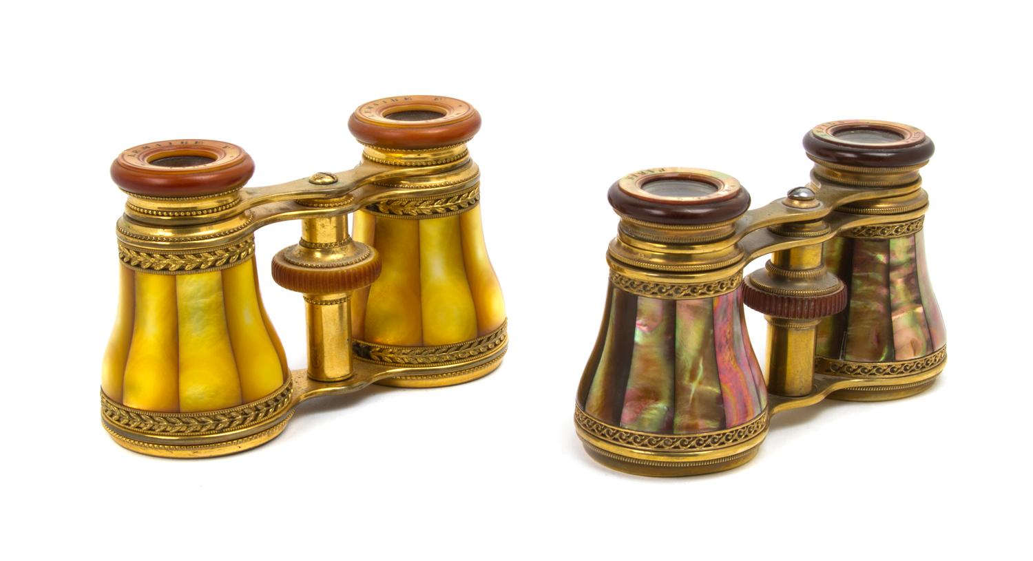 Two Pairs of French Mother-of-Pearl Veneered Opera Glasses, Width of first 4 1/4 inches.