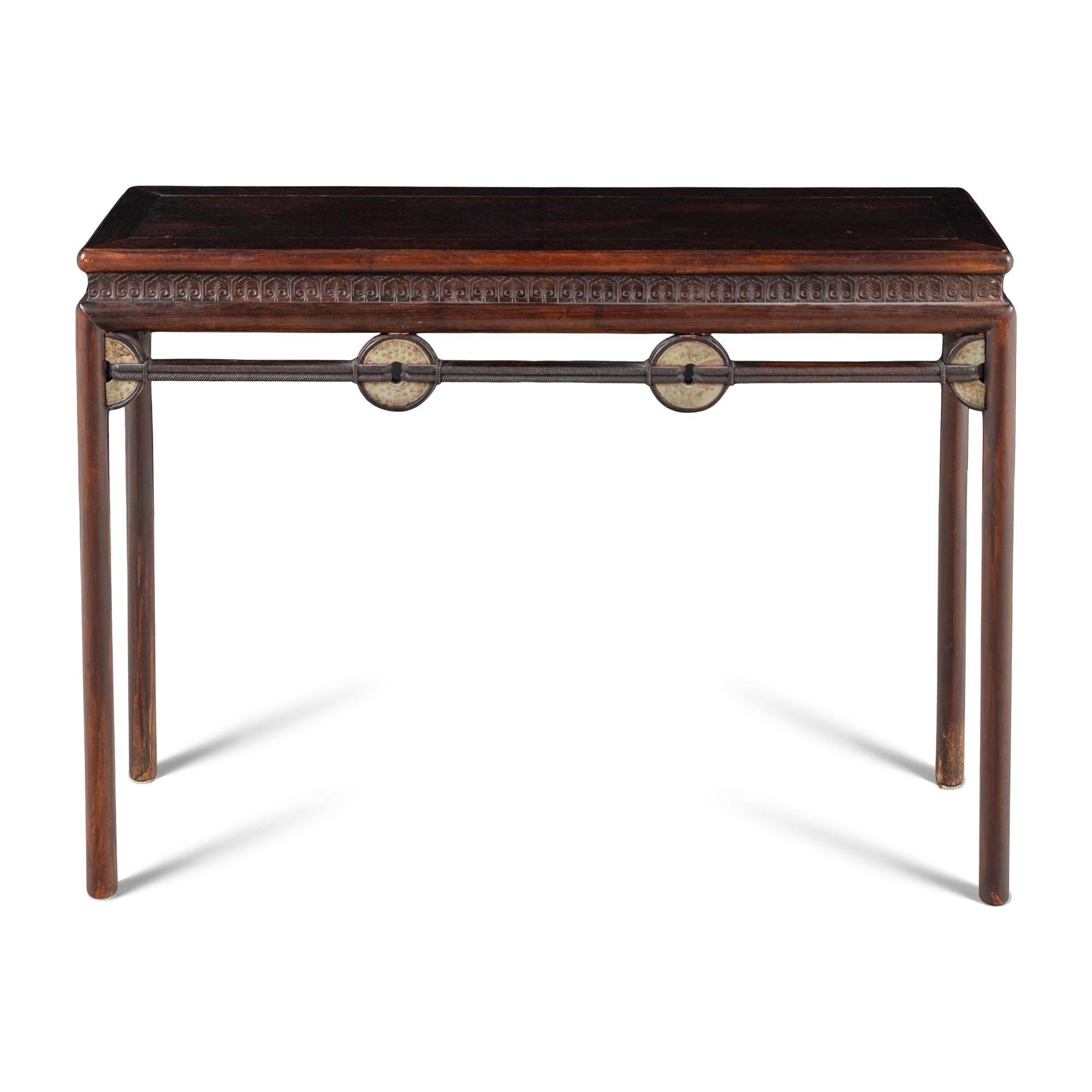 A Chinese Jade Bi Disc Mounted Hardwood Altar Table, Tiao'an, 20th Century 近代 硬木嵌玉璧小條案