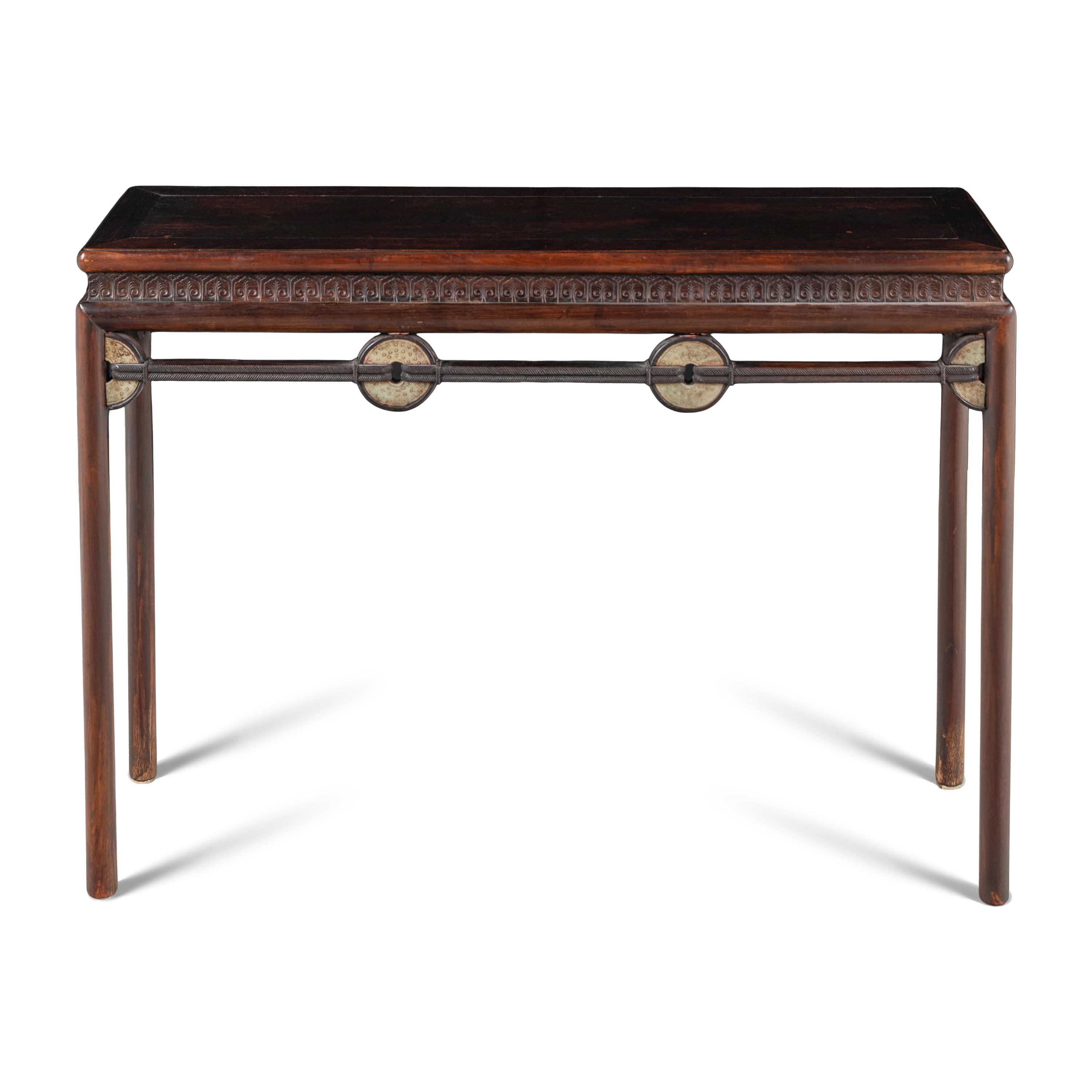 A Chinese Jade Bi Disc Mounted Hardwood Altar Table, Tiao'an, 20th Century 近代 硬木嵌玉璧小條案