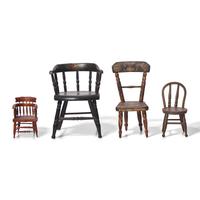 A Group of Four Miniature Painted and Stained Wood Chairs