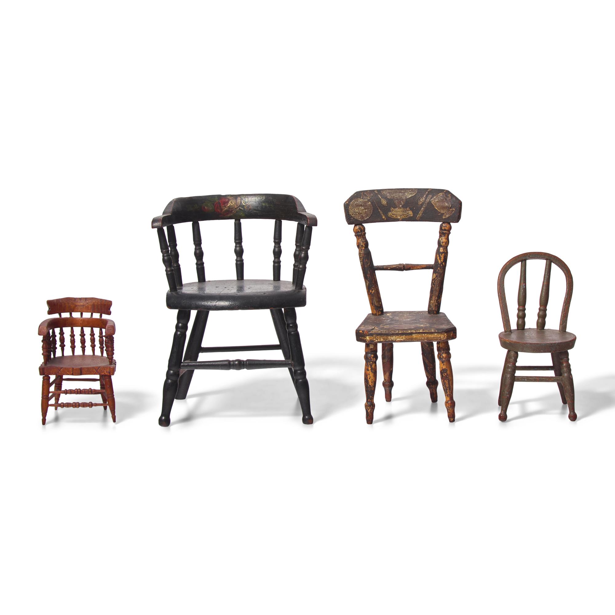 A Group of Four Miniature Painted and Stained Wood Chairs