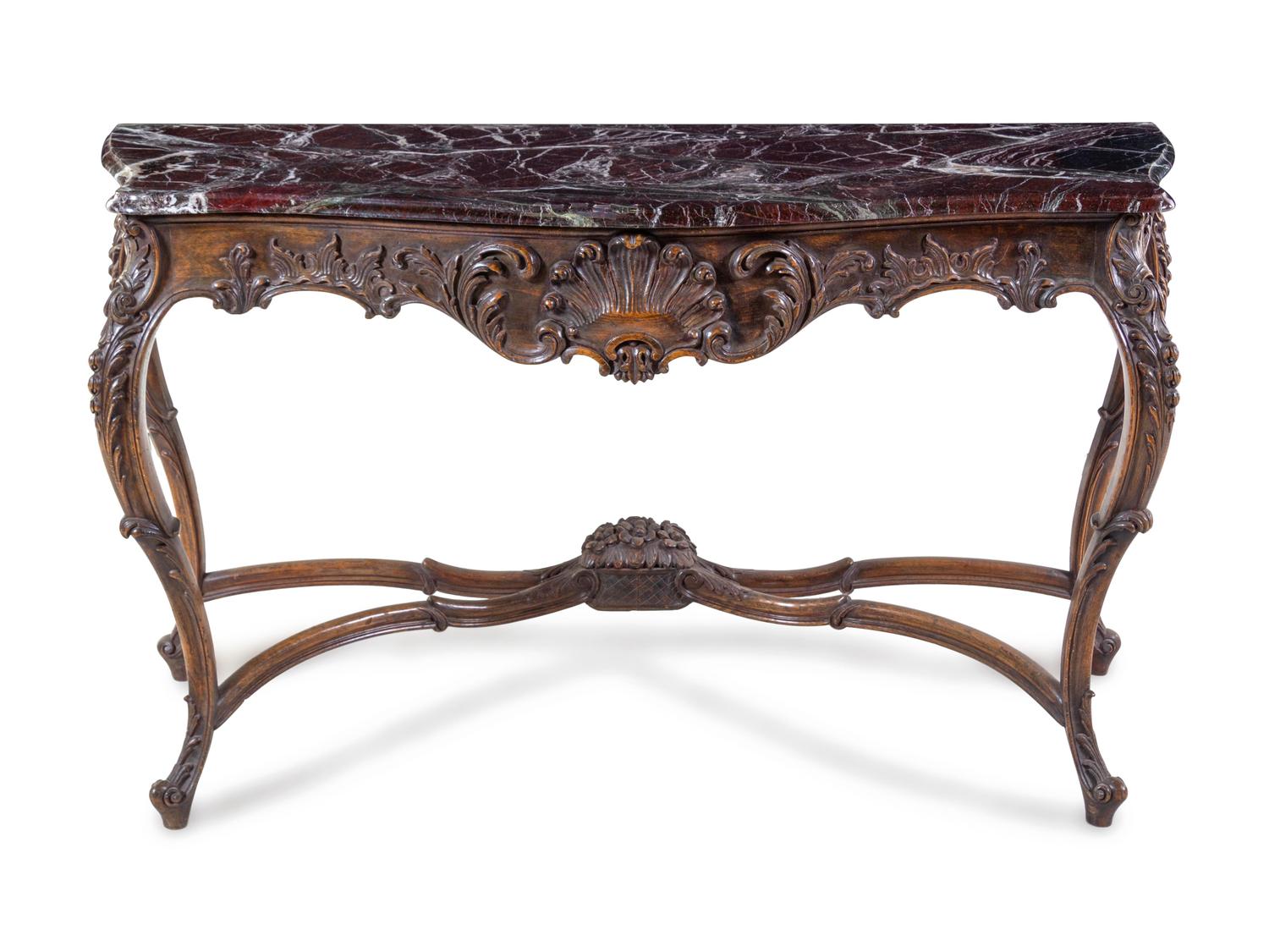 A Louis XV Style Carved Oak Marble-Top Console Table