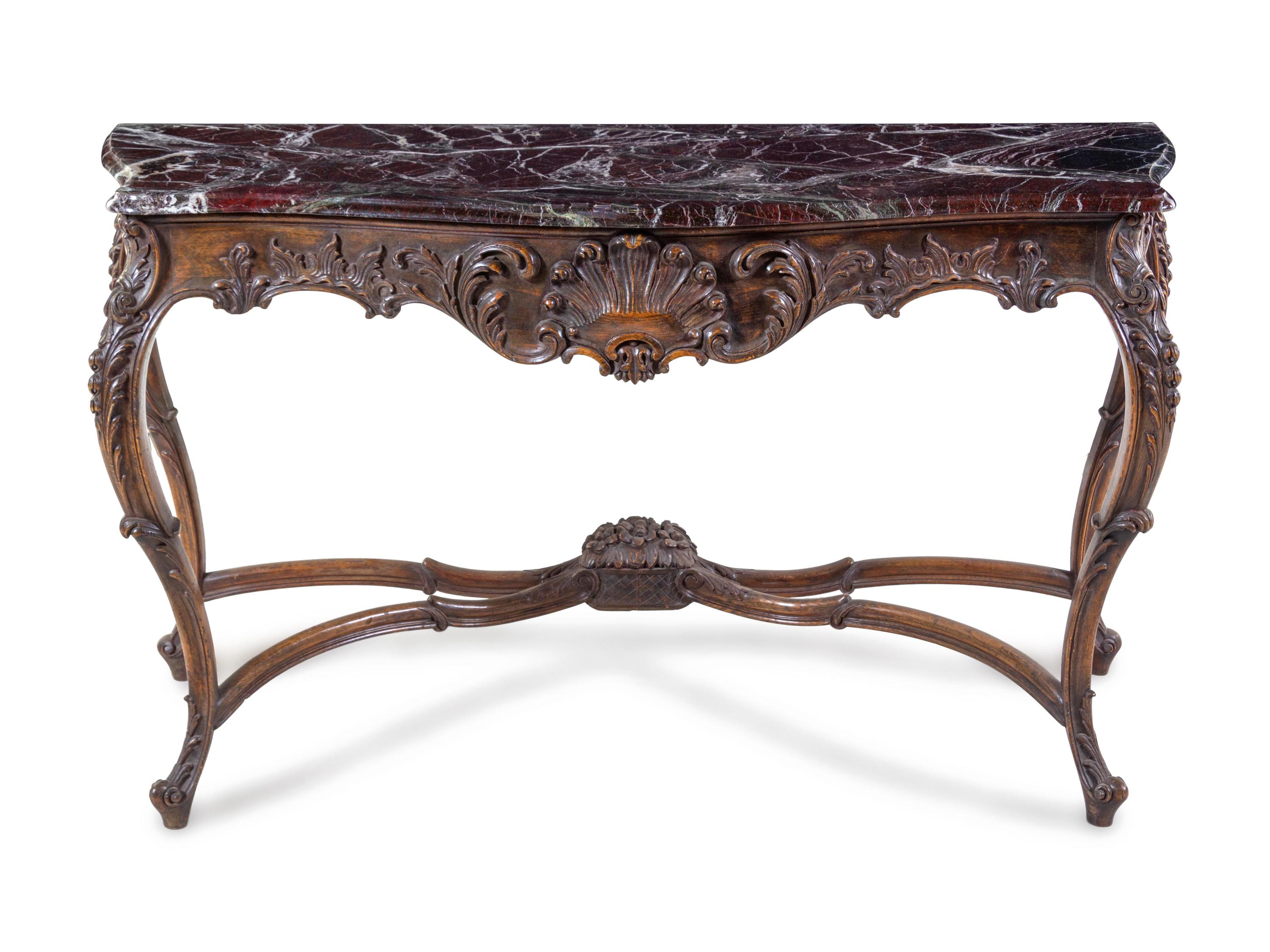 A Louis XV Style Carved Oak Marble-Top Console Table