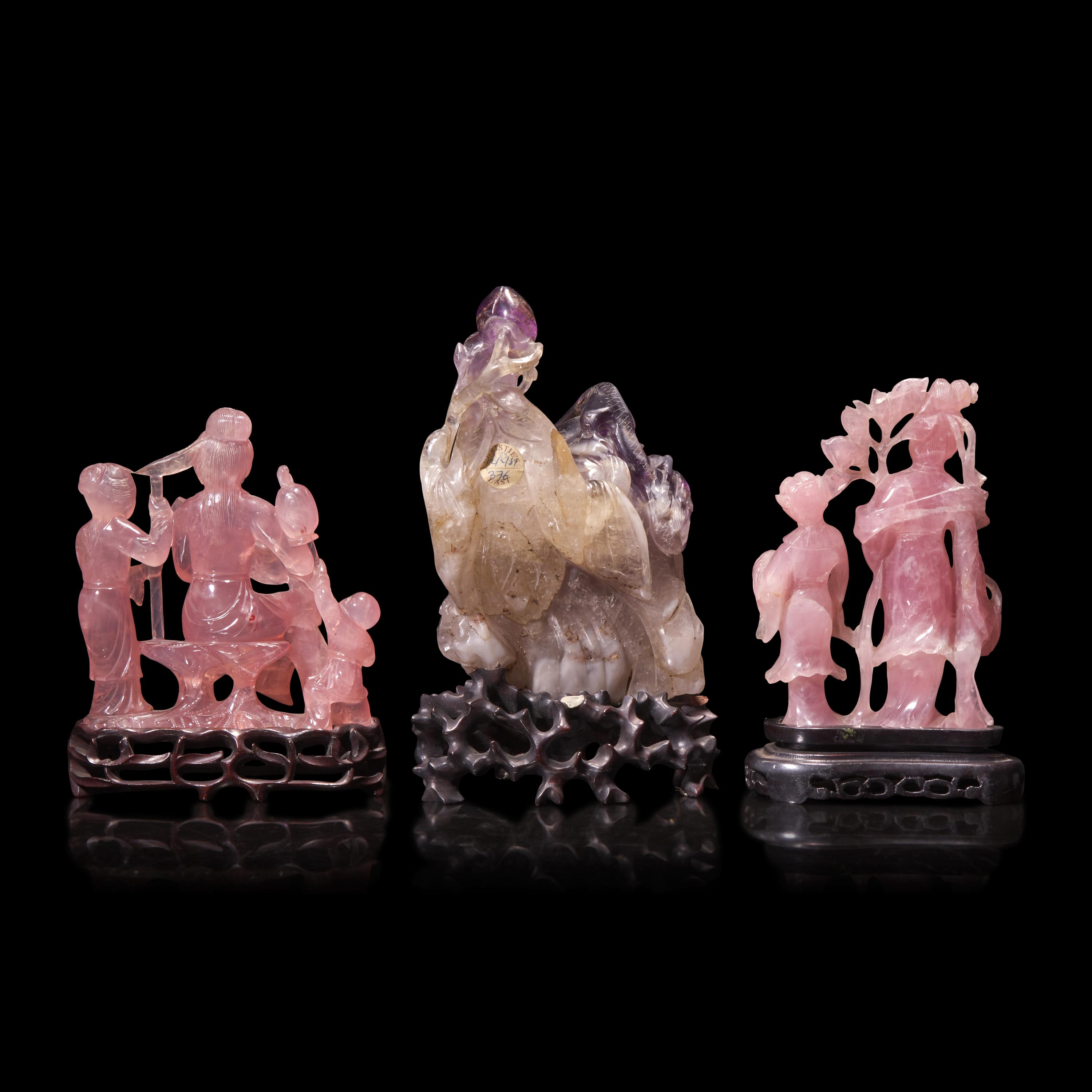 Three Chinese Semiprecious Stone Figural Groups, Late 19th-20th Century — 晚清-民國 粉晶、紫晶仕女擺件三種