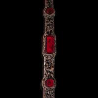 A Chinese Amber Glass-Inset Carved Wood Ruyi Scepter and Stand, with Three Photo Albums, Late 19th-Early 20th Century — 清晚期 紅木雕花三鑲琥珀料如意及相冊三簿